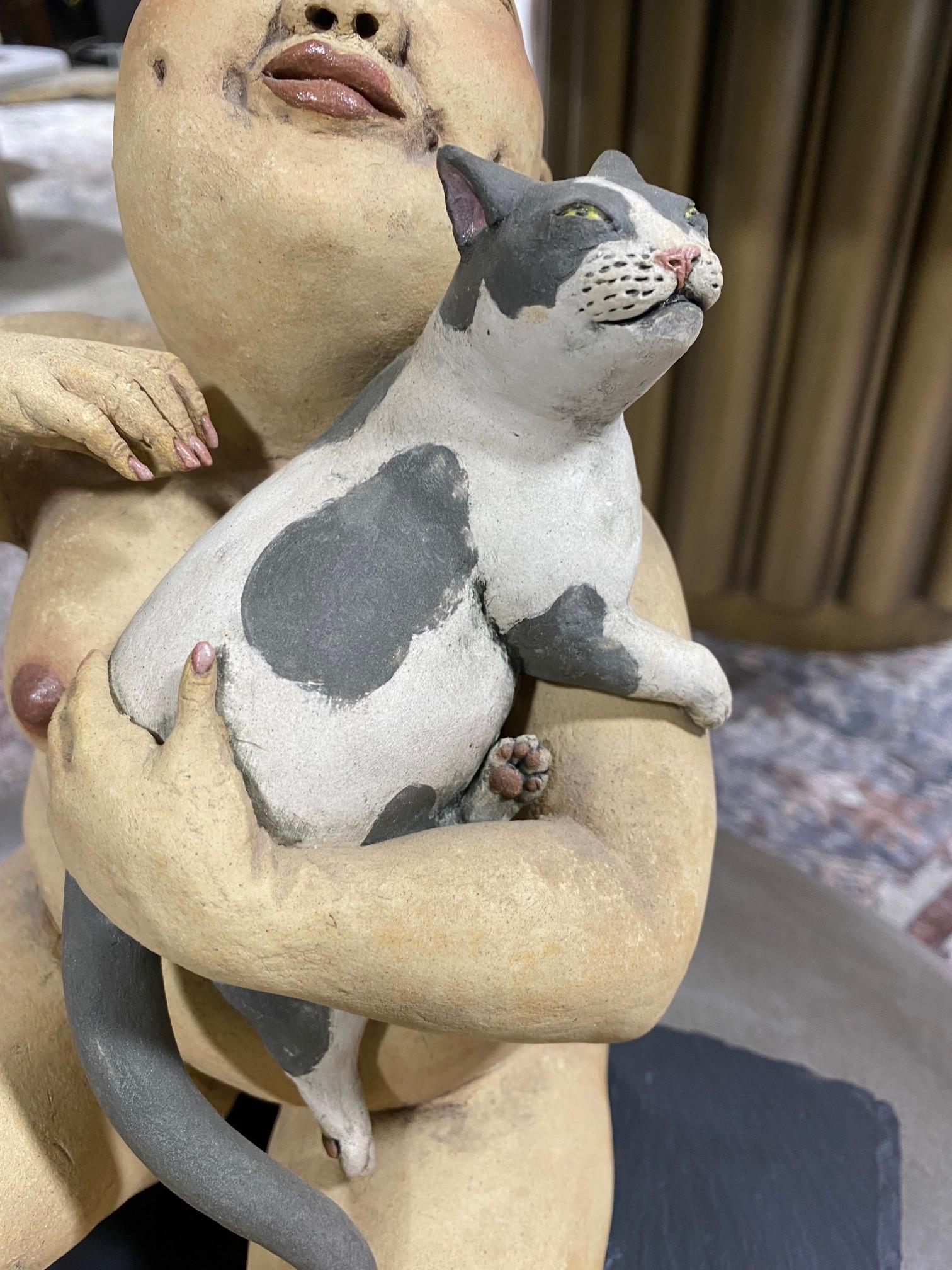 Contemporary Esther Shimazu Signed Japanese Hawaiin American Sculpture Woman with Cat