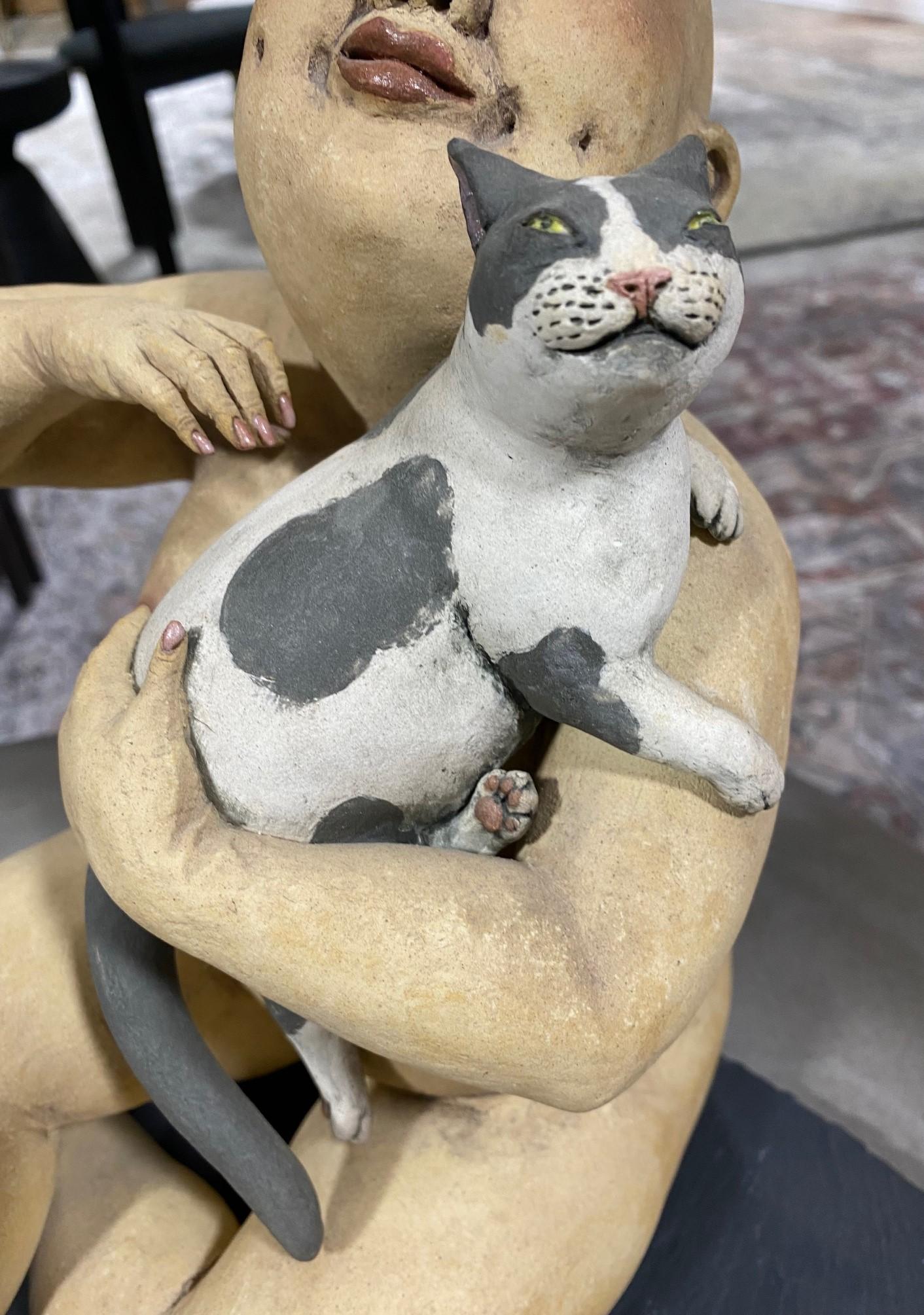Ceramic Esther Shimazu Signed Japanese Hawaiin American Sculpture Woman with Cat