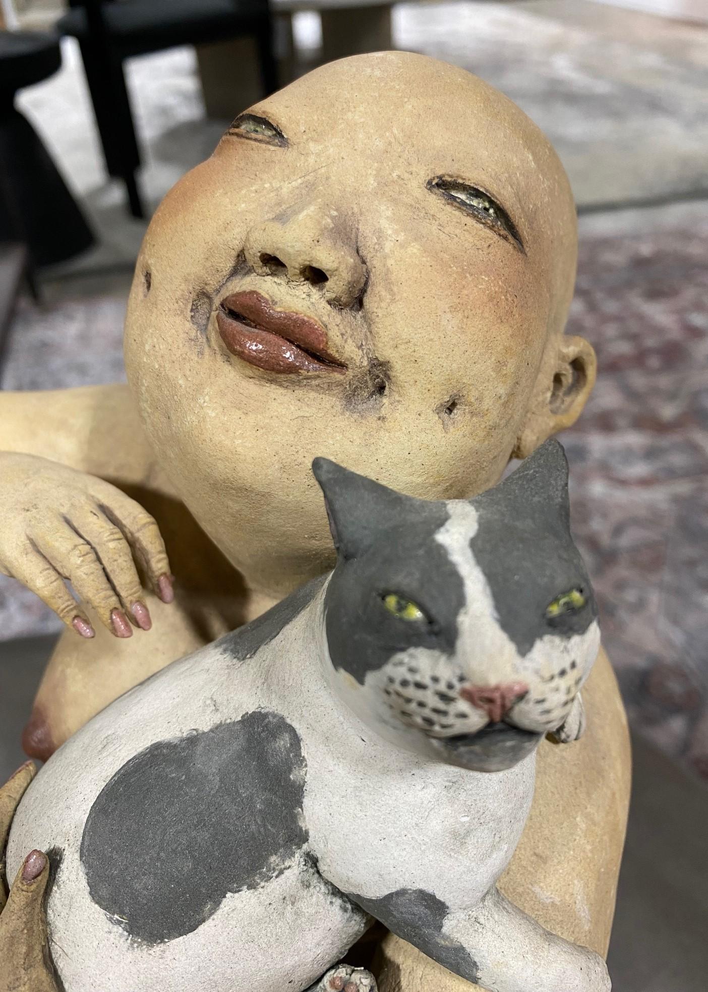 Esther Shimazu Signed Japanese Hawaiin American Sculpture Woman with Cat 1