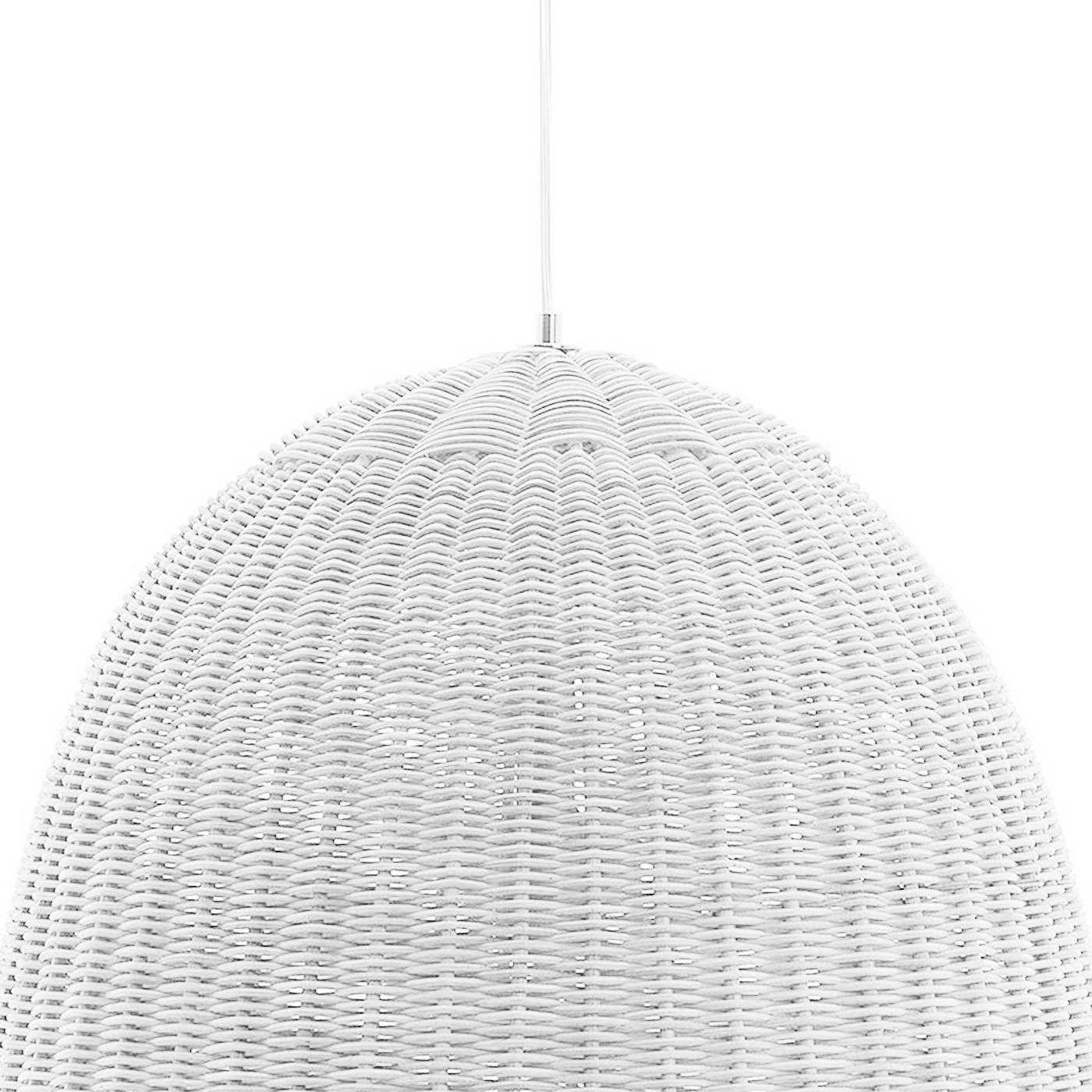 Suspension Esther White all in handwoven rattan core,
in white matte finish. 1 Bulb, lamp holder type E27, max. 
20 Watts, 220 Volt, bulb not included. With electrical cable 
200 cm and with steel cable 200 cm.