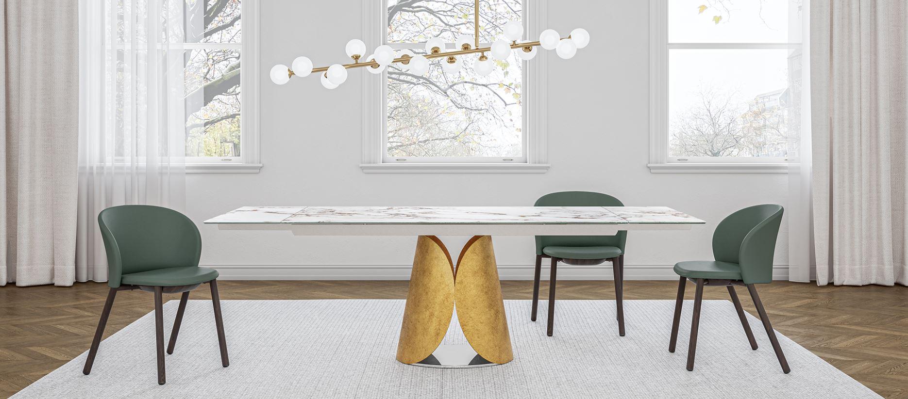 Estia Allungabile Dining Table by Chinellato Design
Dimensions: W 200 x D 100 x H 81 cm
Extendable: + 40 / + 40 cm
Materials:
Top: Glossy Ceramic Capraia, Extra Clear Tempered Glass.
Base: Black Patinated Gold.

Rectangular dining table available in