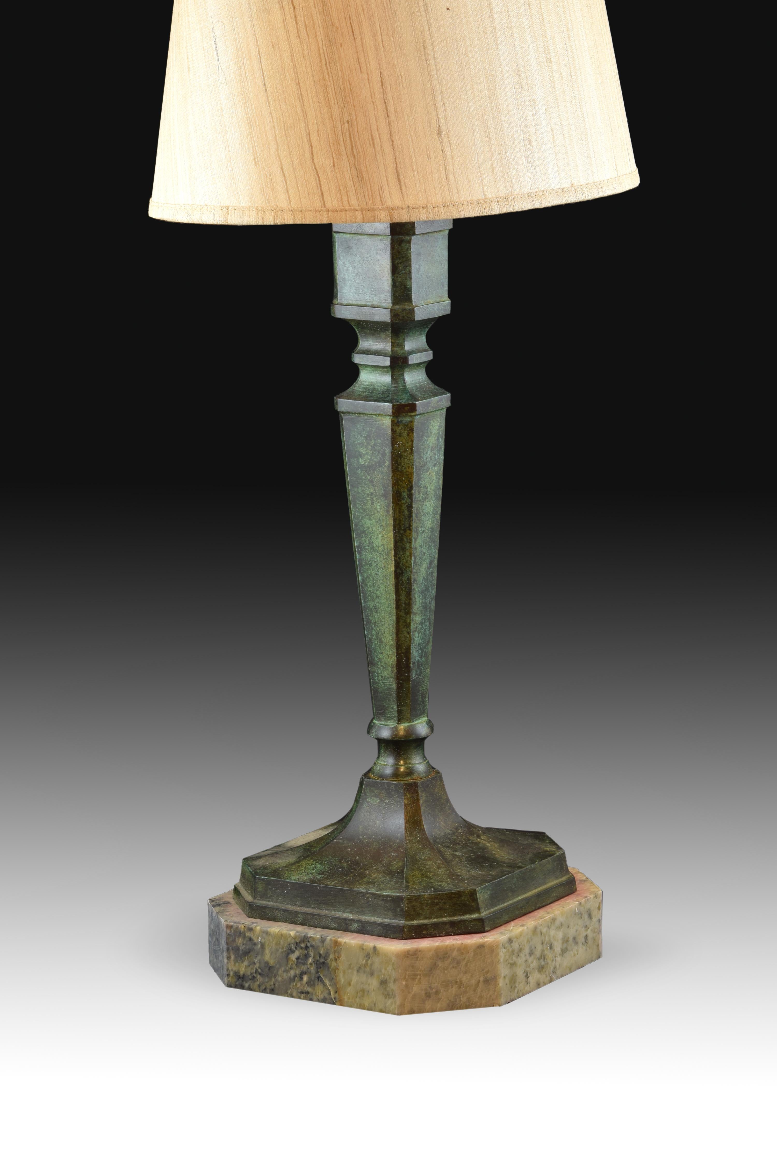 European Estipite Shaped Lamp with Green Patina, No Shade Included, Bronze, Marble