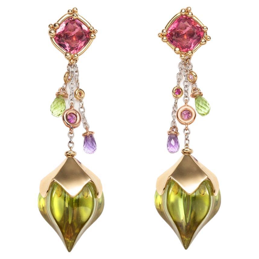 Estiva, Green Amber and Tourmaline Earrings in 18K Gold by Serafino For Sale