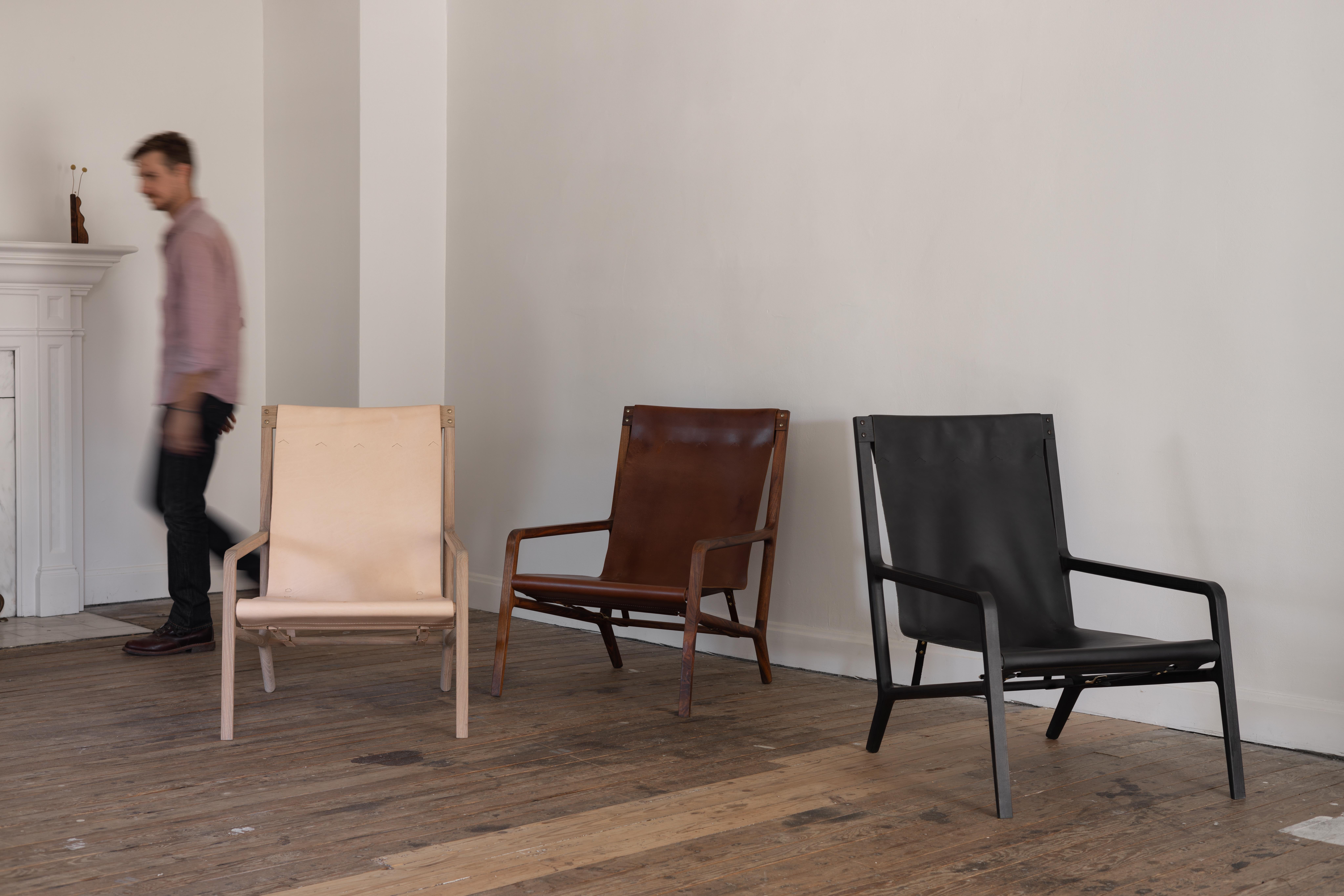 Brass Estrada Lounge Chair in White Oak and Veg Tan Leather For Sale