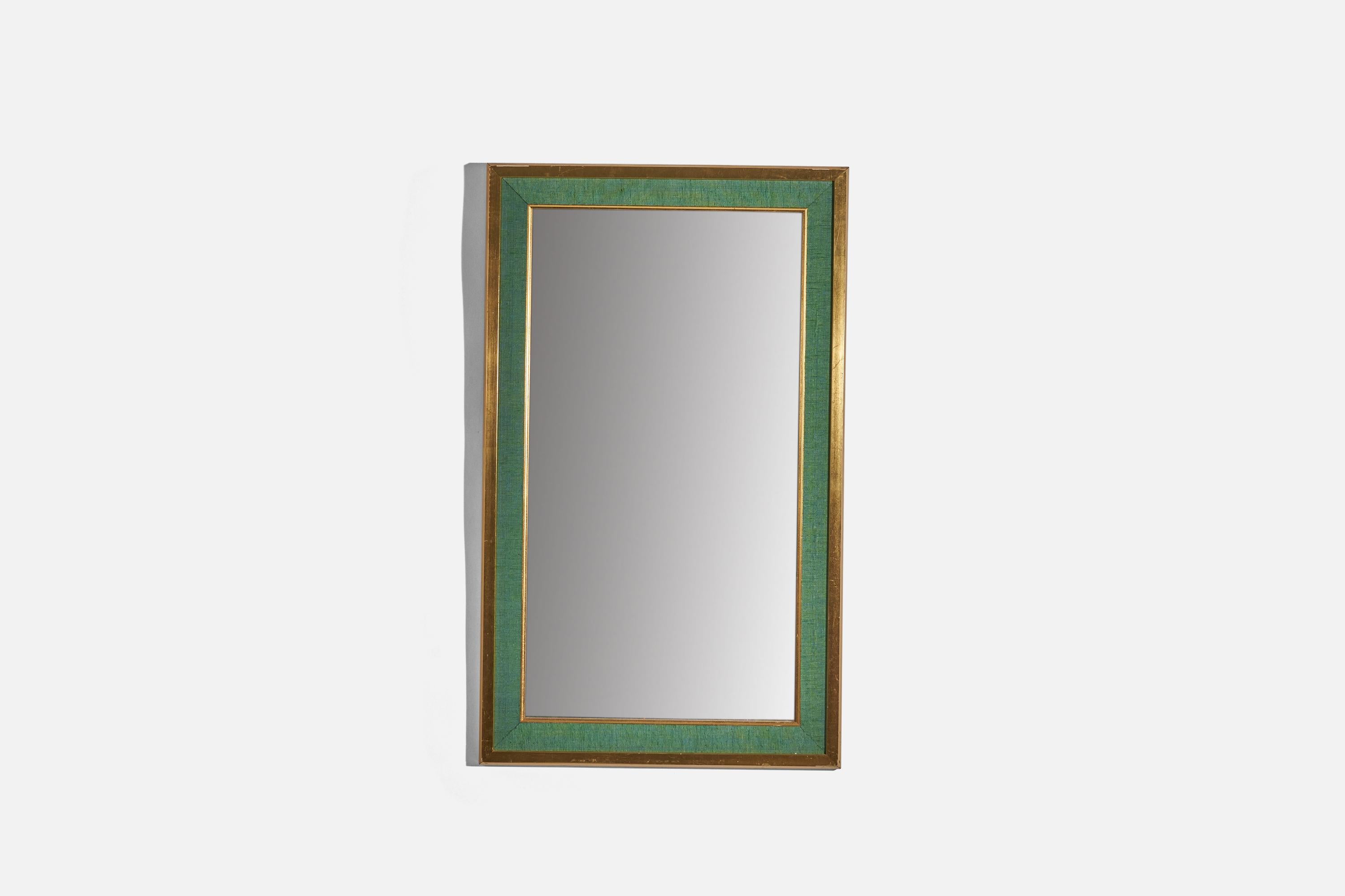 A gilt wood and green fabric wall mirror, design attributed to Estrid Ericson, in Sweden, c. 1950s.
   