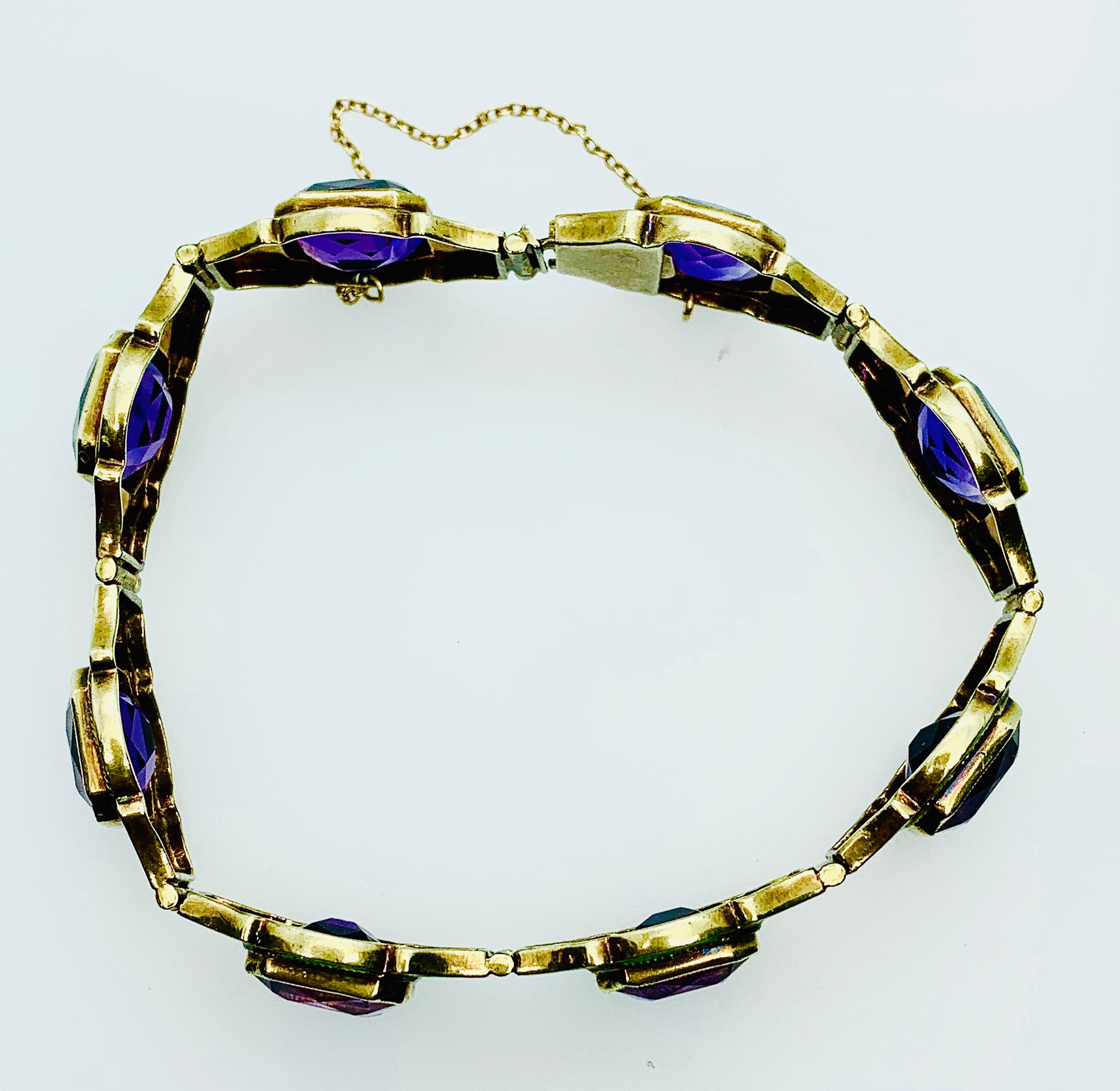 Estate Art Deco 14 Karat Yellow Gold Amethyst Black and Green Enamel Bracelet 6