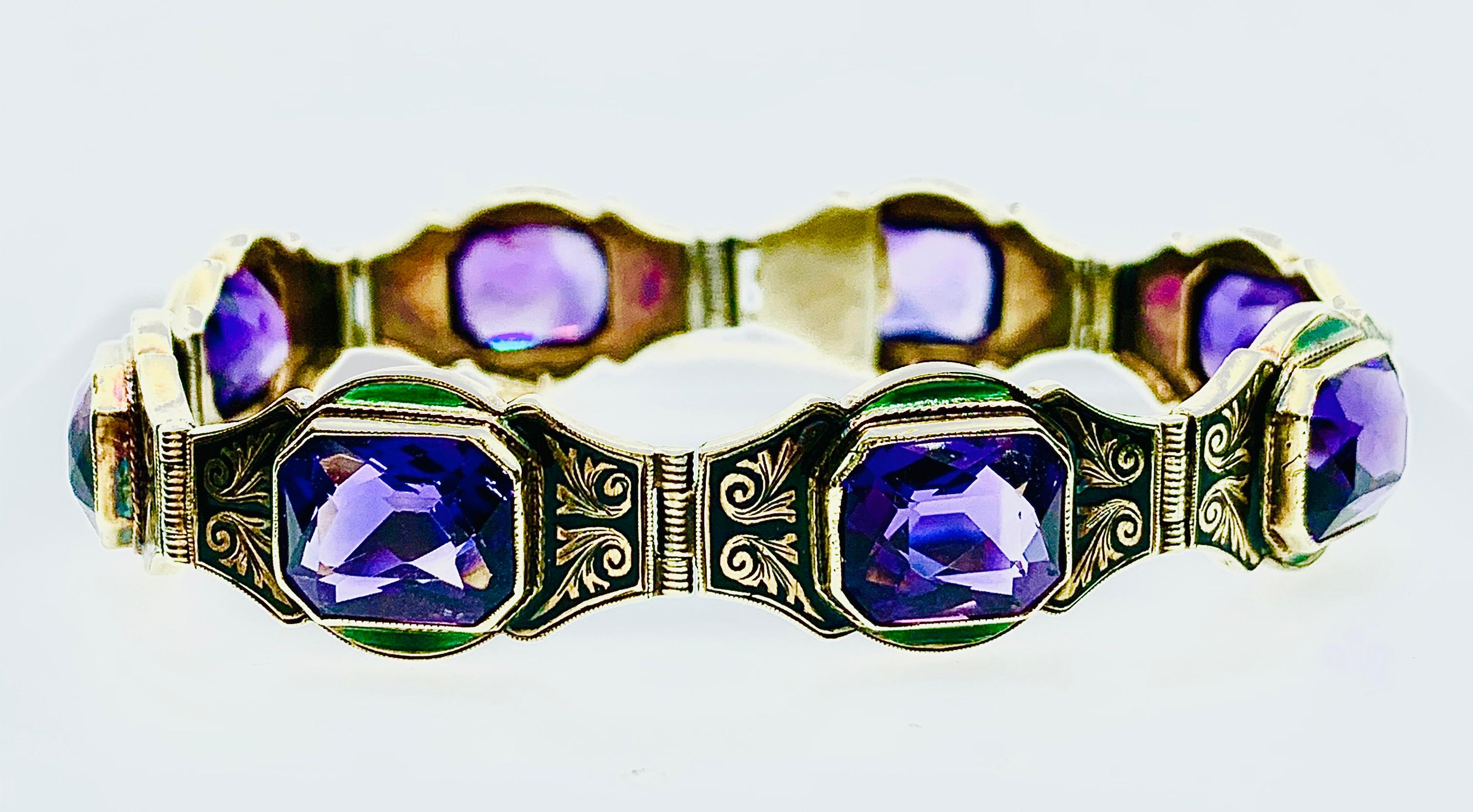 Cushion Cut Estate Art Deco 14 Karat Yellow Gold Amethyst Black and Green Enamel Bracelet