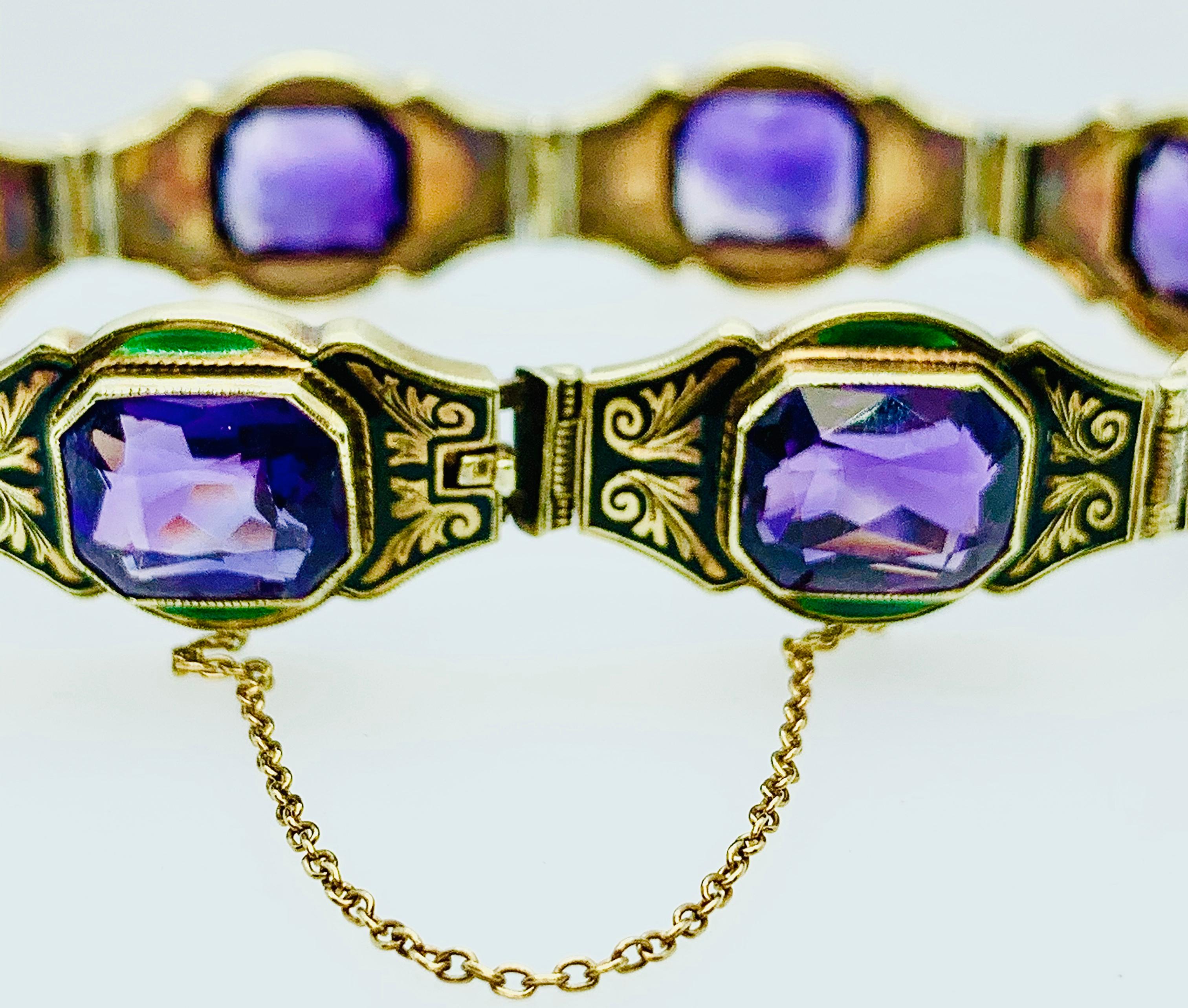 Estate Art Deco 14 Karat Yellow Gold Amethyst Black and Green Enamel Bracelet 4