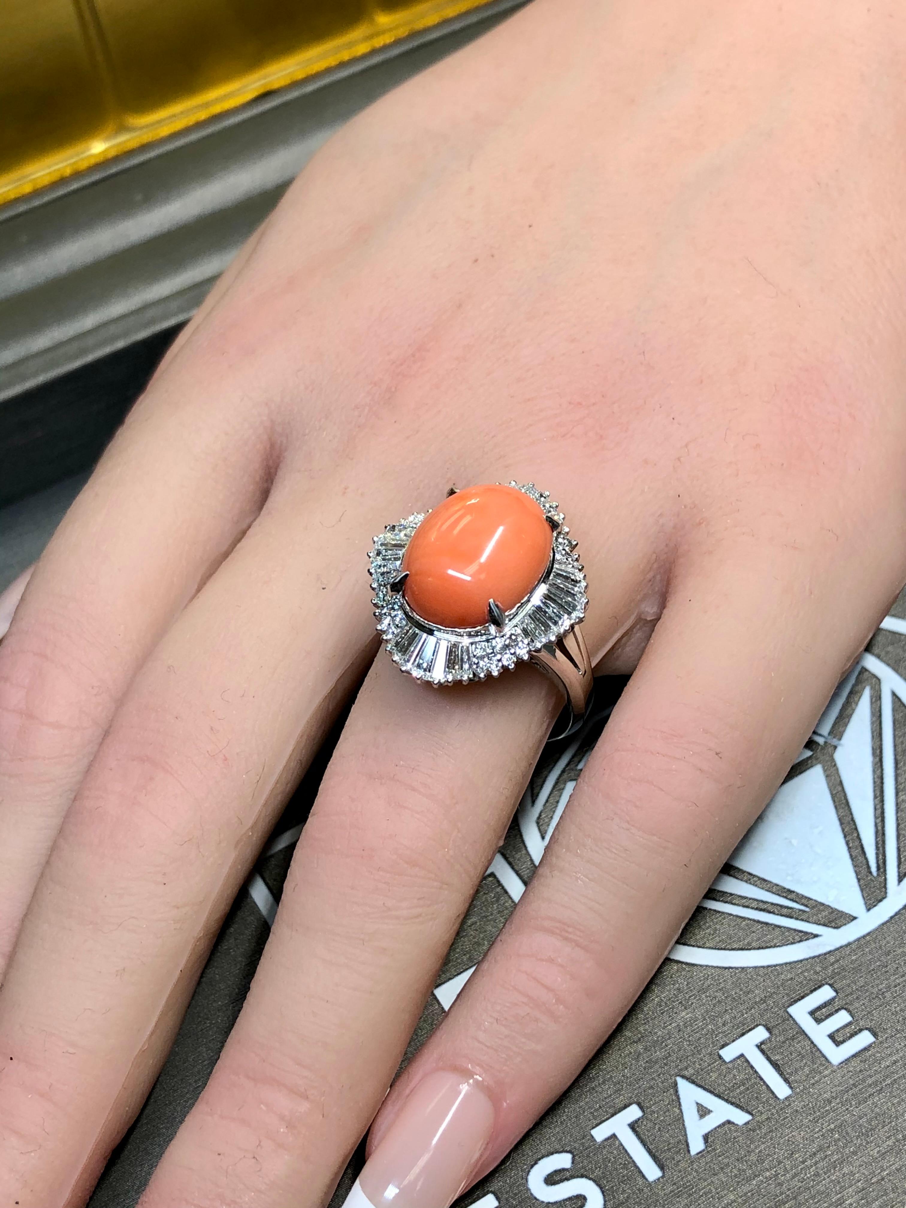 Estate Platinum Baguette Diamond Coral Cabochon Ballerina Cocktail Ring 8.69ctw For Sale 4