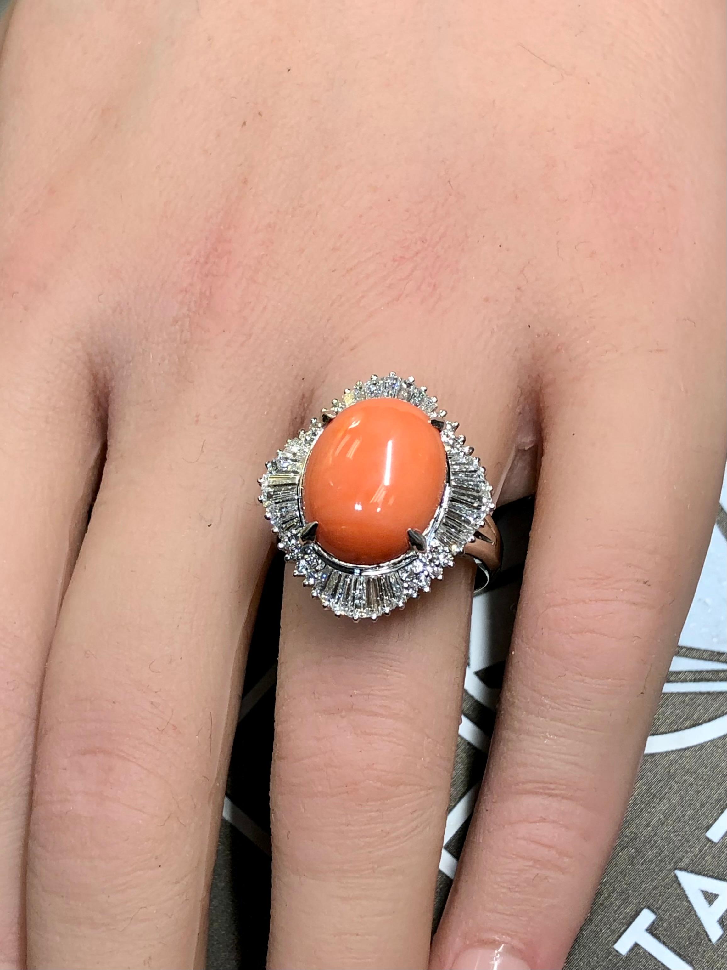 Estate Platinum Baguette Diamond Coral Cabochon Ballerina Cocktail Ring 8.69ctw For Sale 5