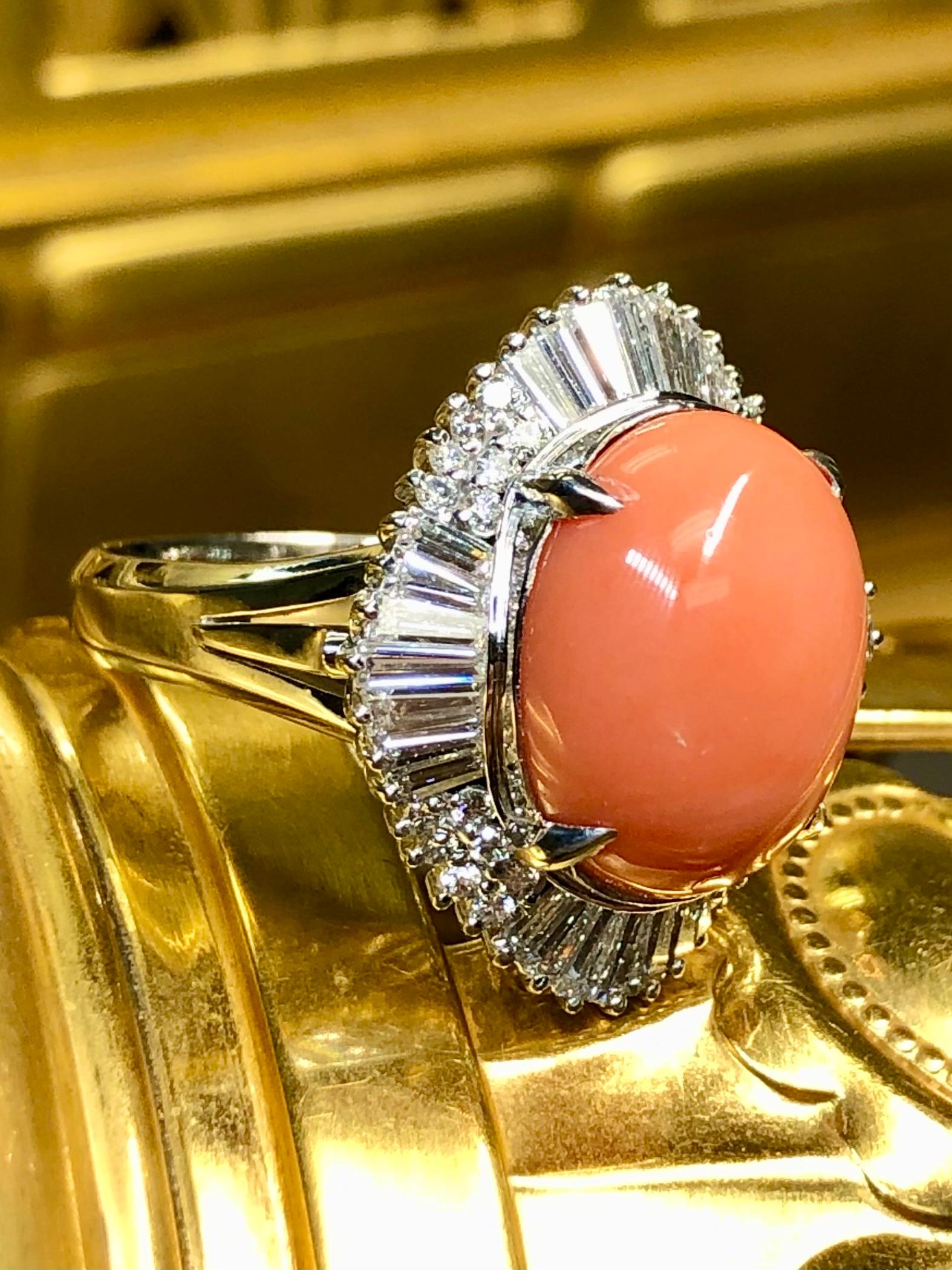Retro Estate Platinum Baguette Diamond Coral Cabochon Ballerina Cocktail Ring 8.69ctw For Sale