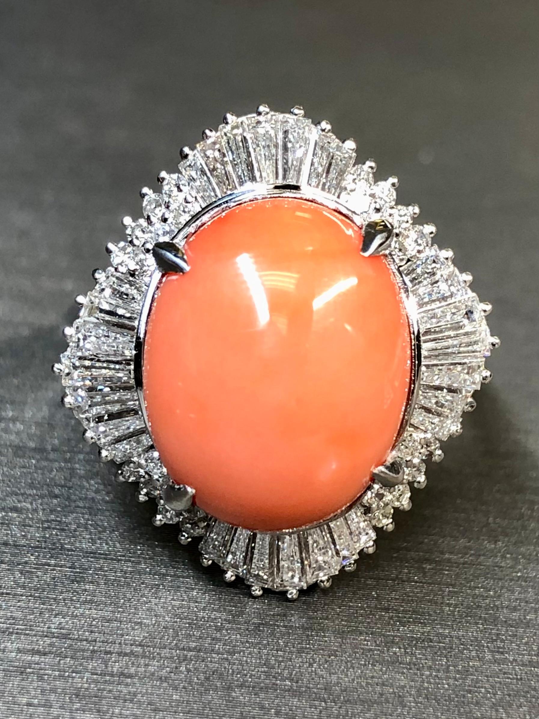 Baguette Cut Estate Platinum Baguette Diamond Coral Cabochon Ballerina Cocktail Ring 8.69ctw For Sale