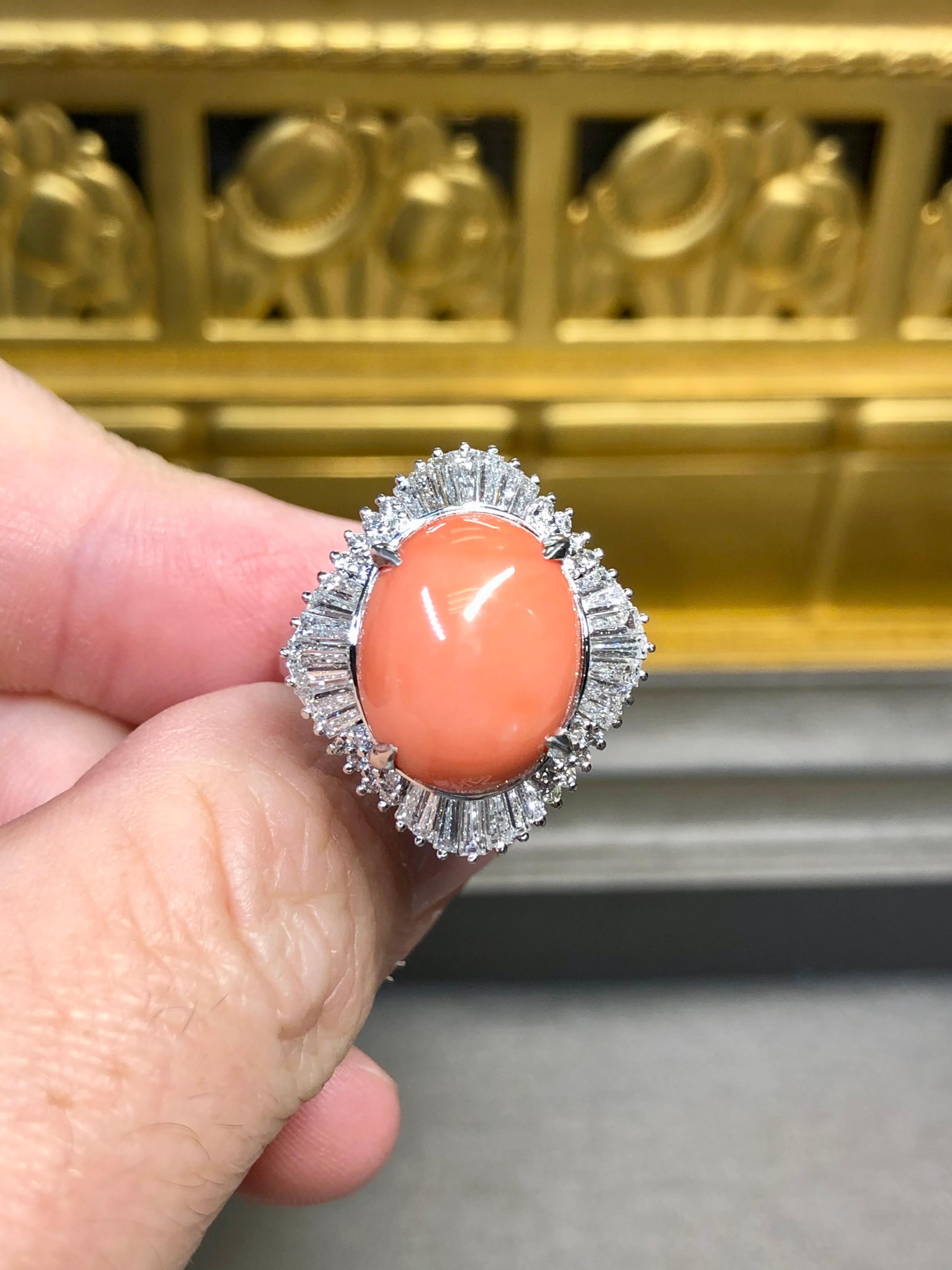 Women's or Men's Estate Platinum Baguette Diamond Coral Cabochon Ballerina Cocktail Ring 8.69ctw For Sale