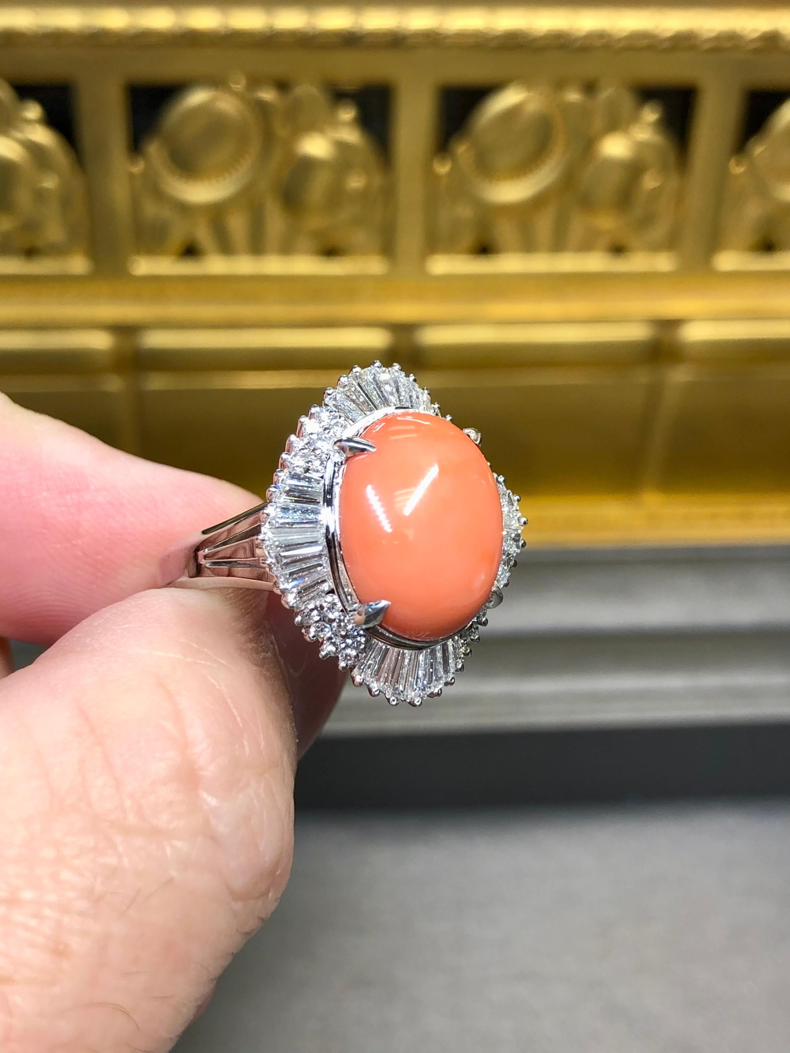 Estate Platinum Baguette Diamond Coral Cabochon Ballerina Cocktail Ring 8.69ctw For Sale 1