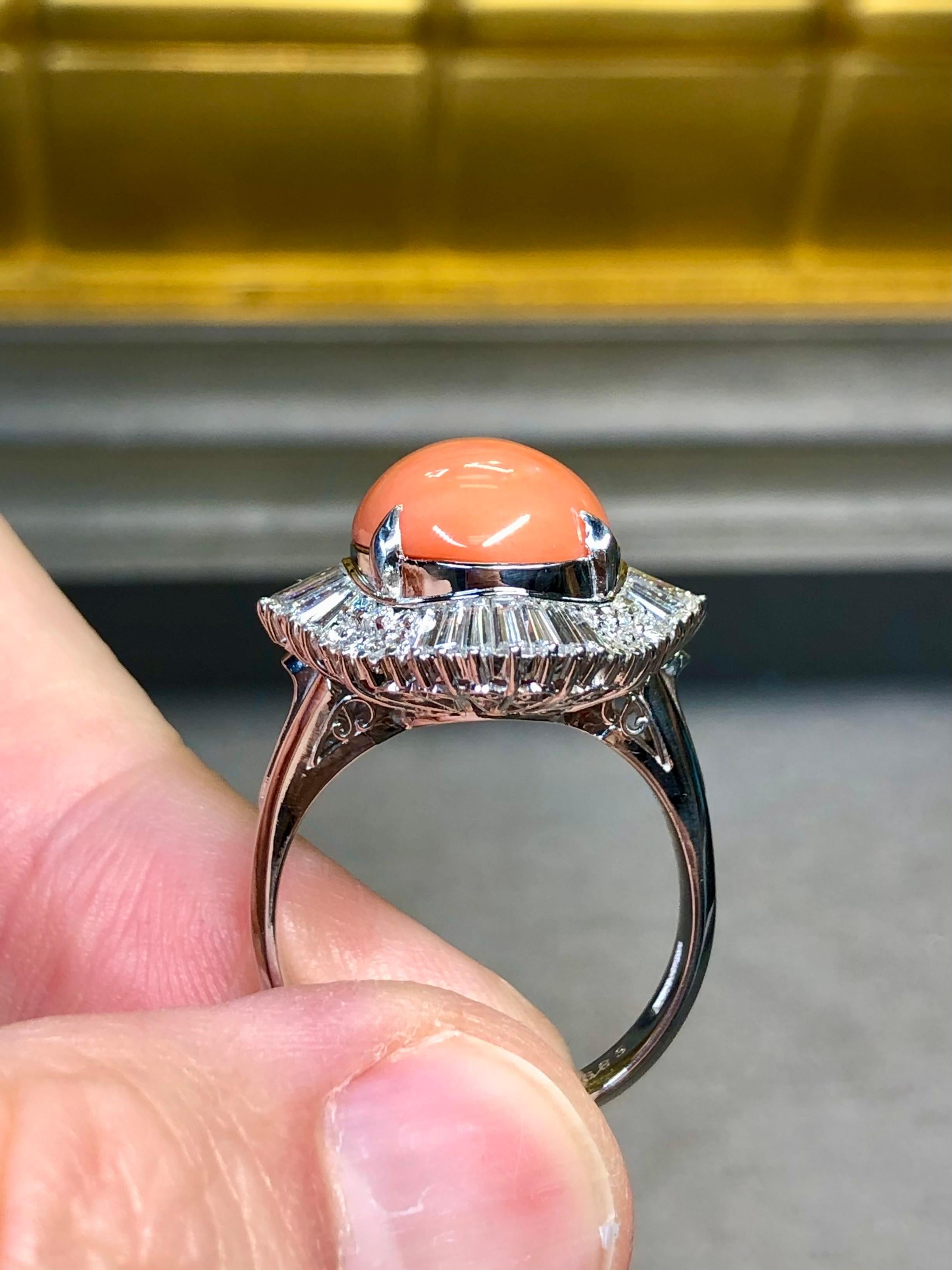 Estate Platinum Baguette Diamond Coral Cabochon Ballerina Cocktail Ring 8.69ctw For Sale 2
