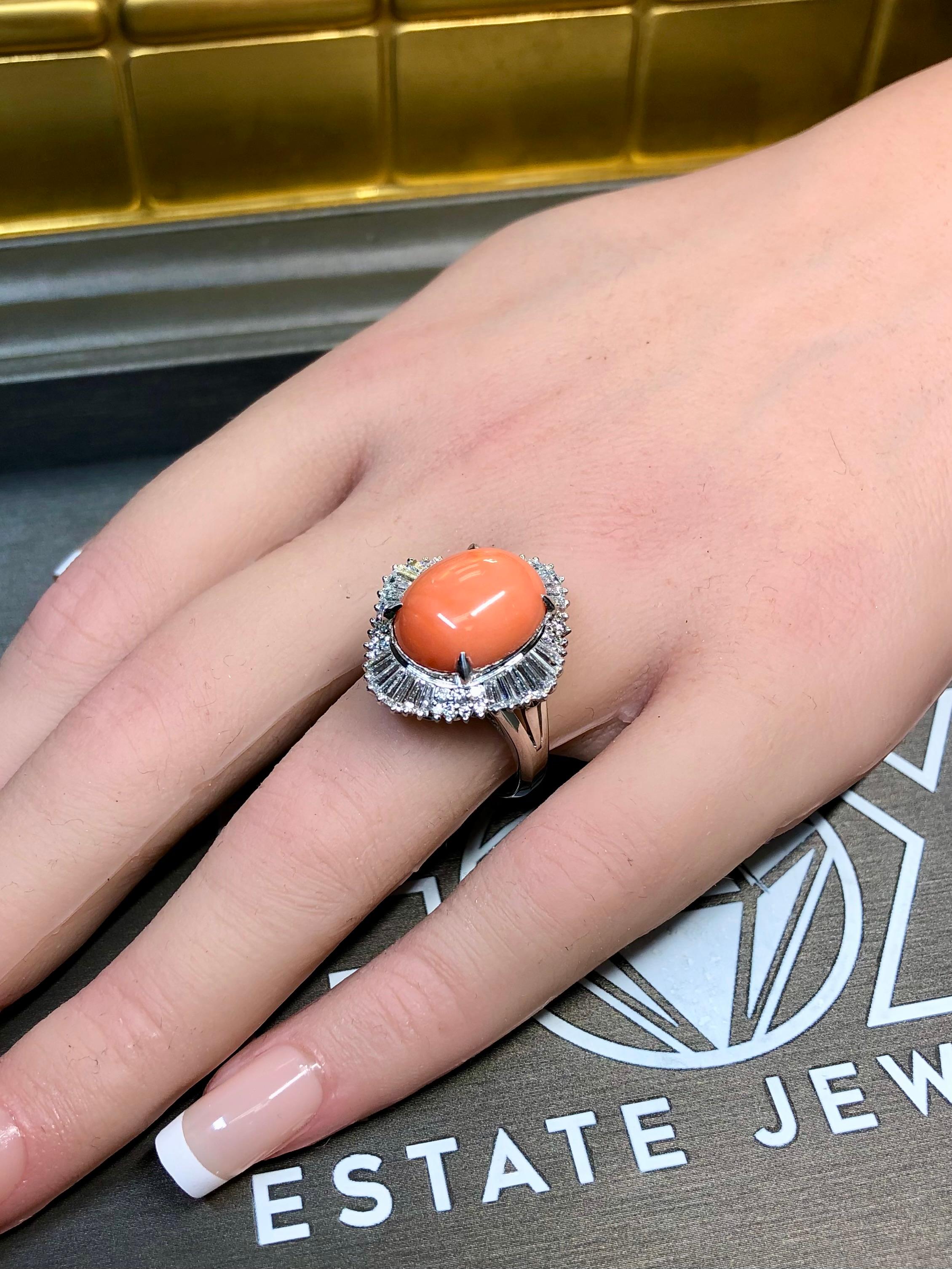 Estate Platinum Baguette Diamond Coral Cabochon Ballerina Cocktail Ring 8.69ctw For Sale 3
