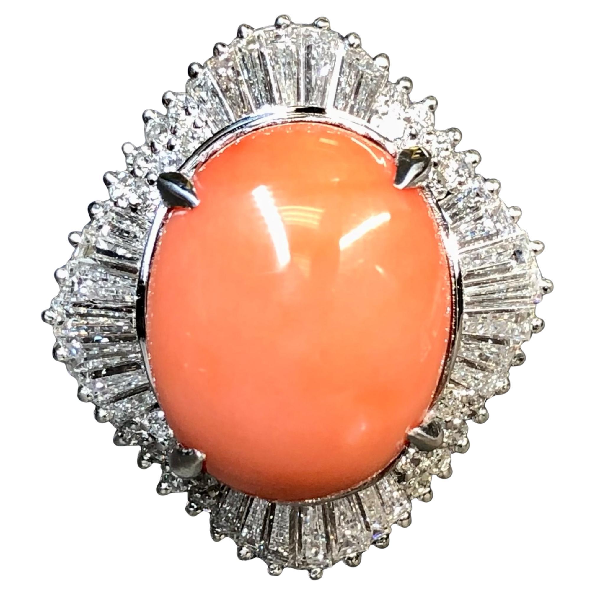 Estate Platinum Baguette Diamond Coral Cabochon Ballerina Cocktail Ring 8.69ctw