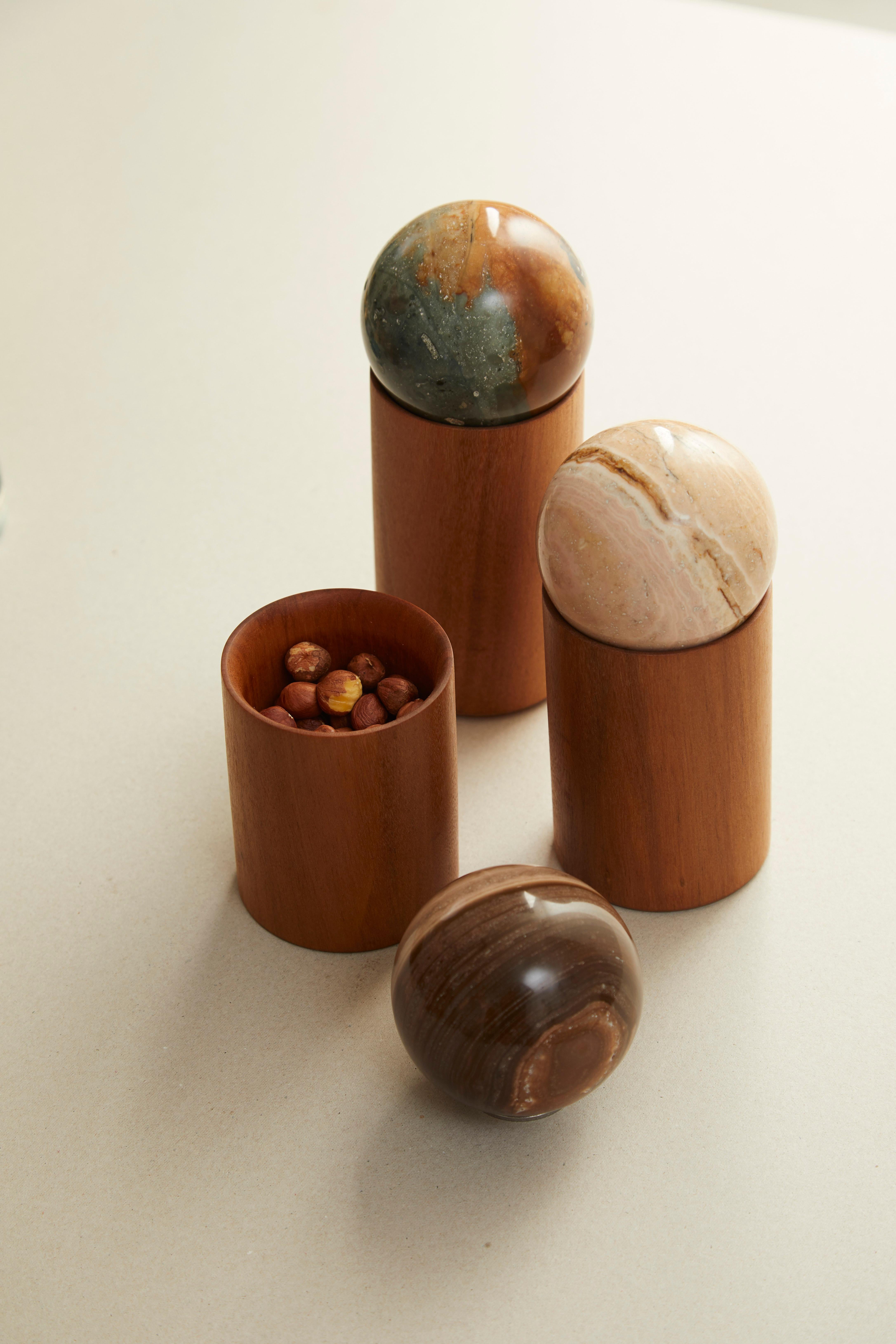 Uruguayan Estudio Tosca Natural Jaspe Mineral and Curupay Wood Spice Jar For Sale