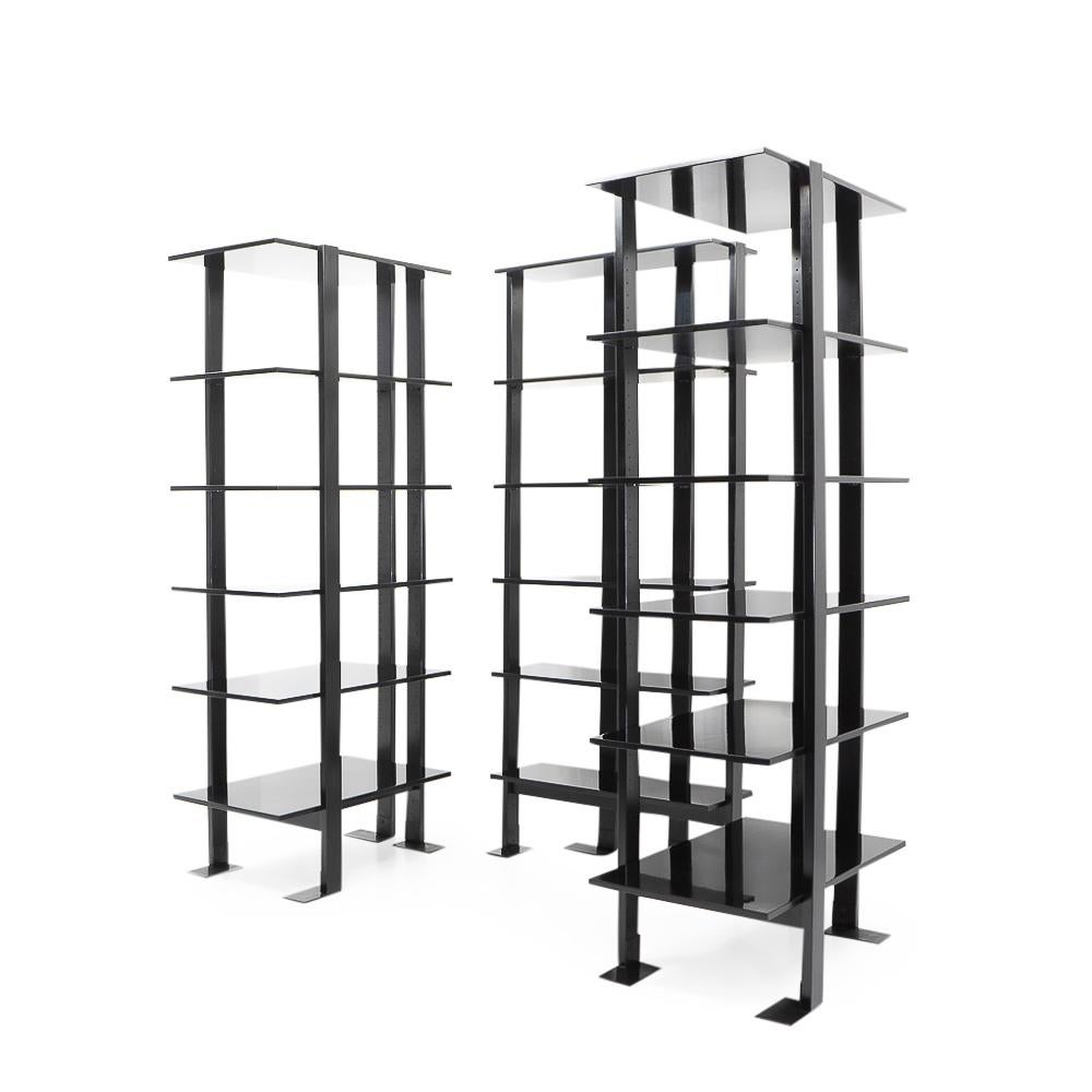 Set of 3 bookcases designed by Achille Castigliono, for BBB (Italy) by the end of the 1970s. 

These bookcases (2x BETA, 1 x ETA) were originally purchased during the 1980s; they consist of height adjustable shelves and can be arranged in