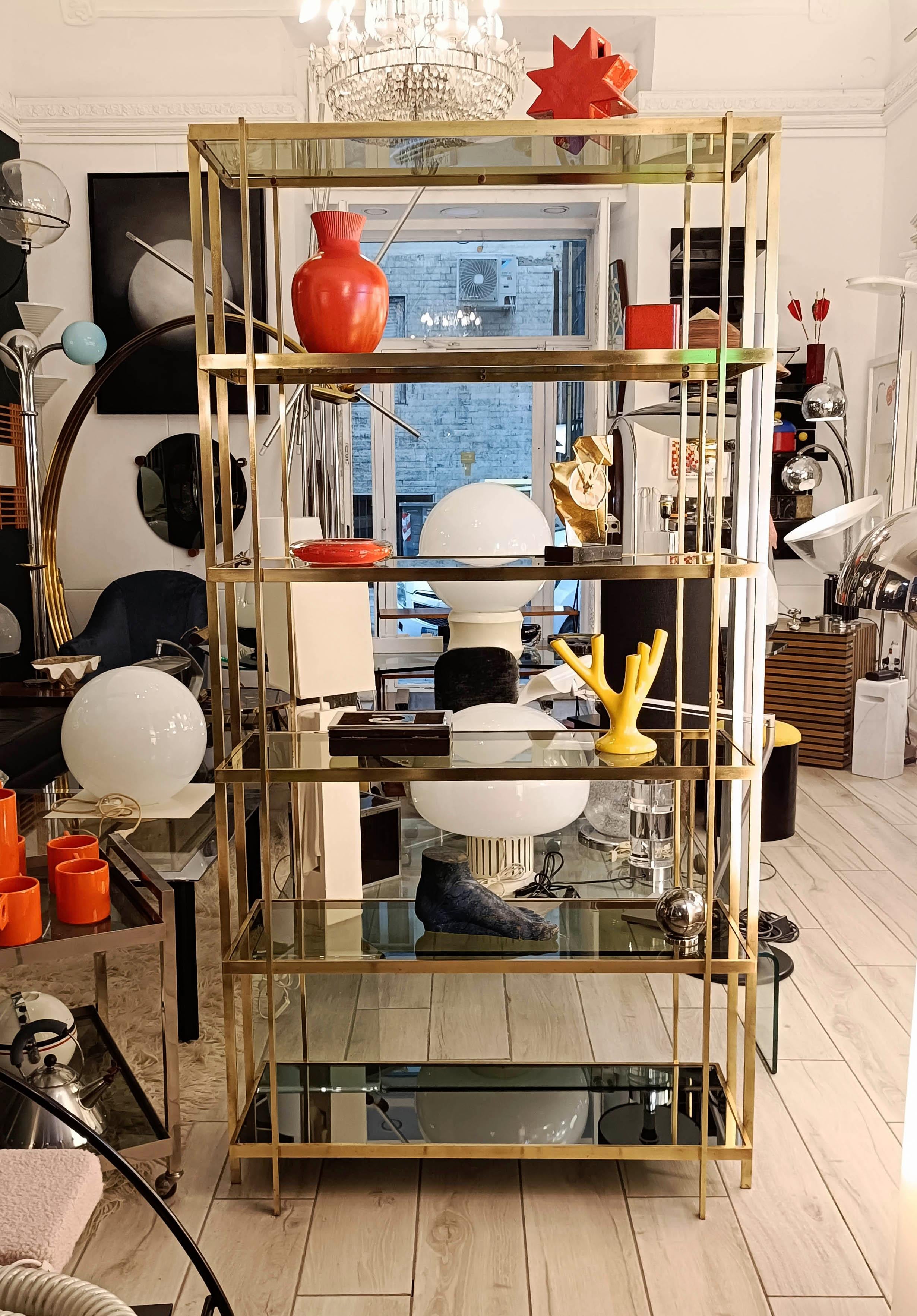 Late 20th Century Brass Etagere and Fume Glass Shelves, Italy 1970s
