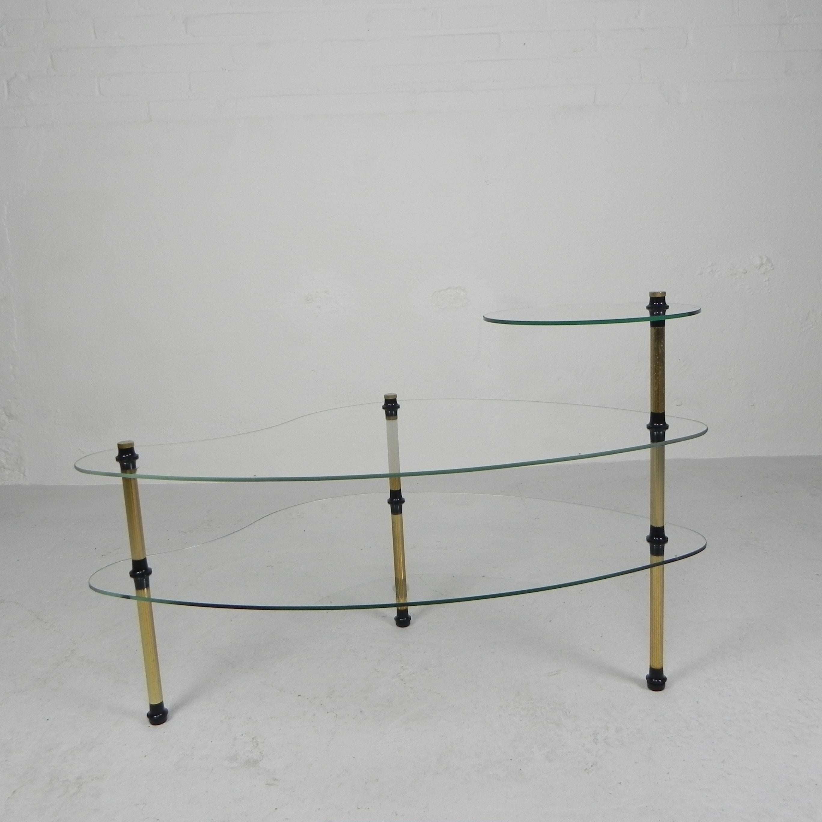 Brass Etagere with 3 glass plates, kidney shape, 1950s For Sale