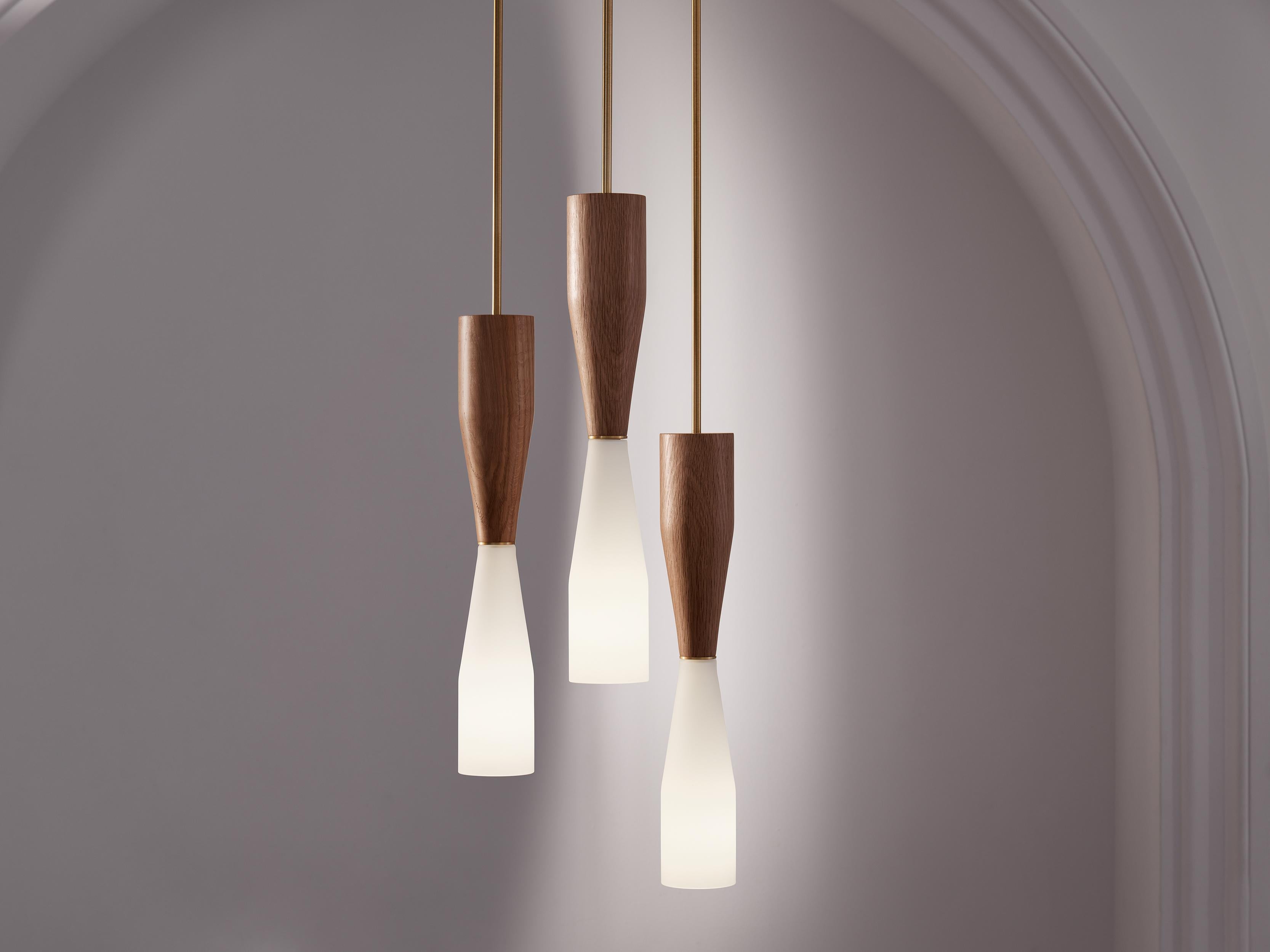 The Etcetera Natural Pendant balances the sculptural with the streamlined. 

With an organic feel, the Etcetera series uses design geometry to create pieces that are clean-lined yet natural. Native wood species meet sandblasted glass to create a