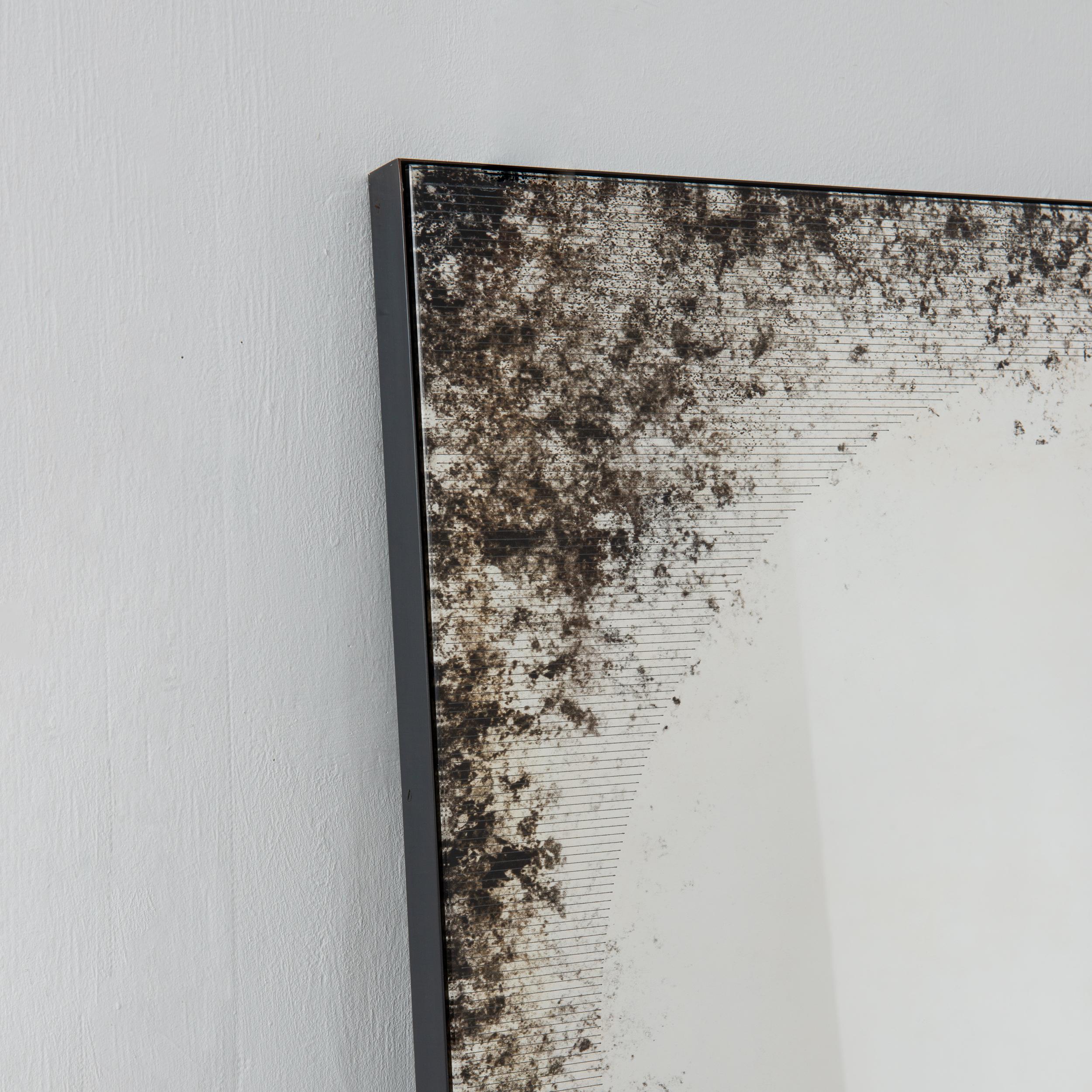 British Etched and Antiqued Horizon Mirror with Back Illumination, Blackened Metal Frame