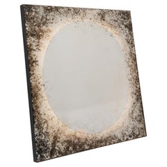 Etched and Antiqued Horizon Mirror with Back Illumination, Blackened Metal Frame