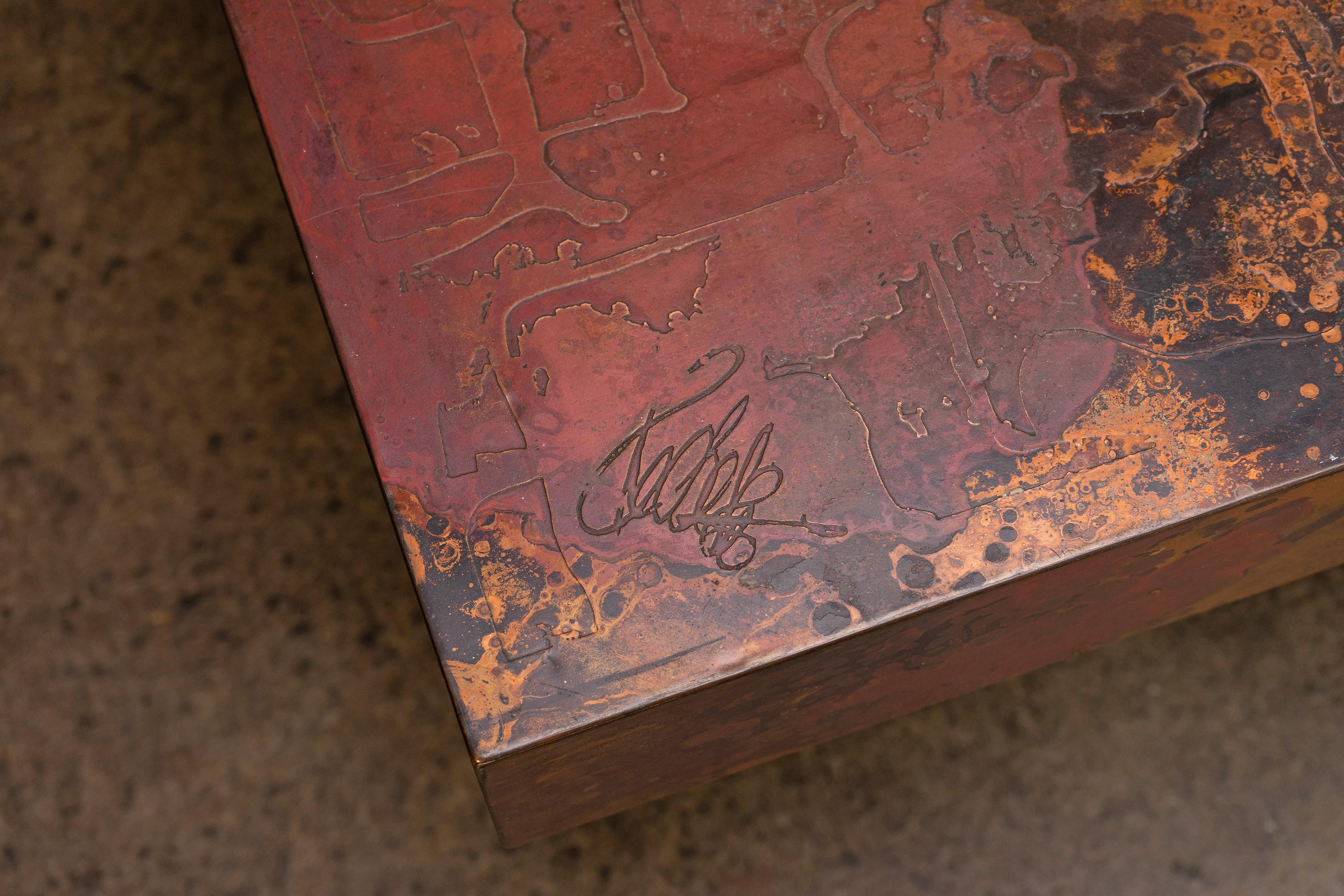 20th Century Etched and Fire Oxidized Copper Coffee Table by Bernhard Rohne, 1960s