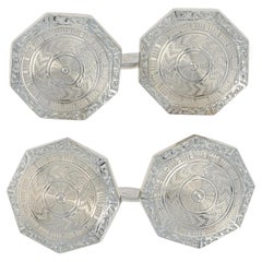 Etched Art Deco Cufflinks, 14k White Gold Vintage Hexagons Men's Gift
