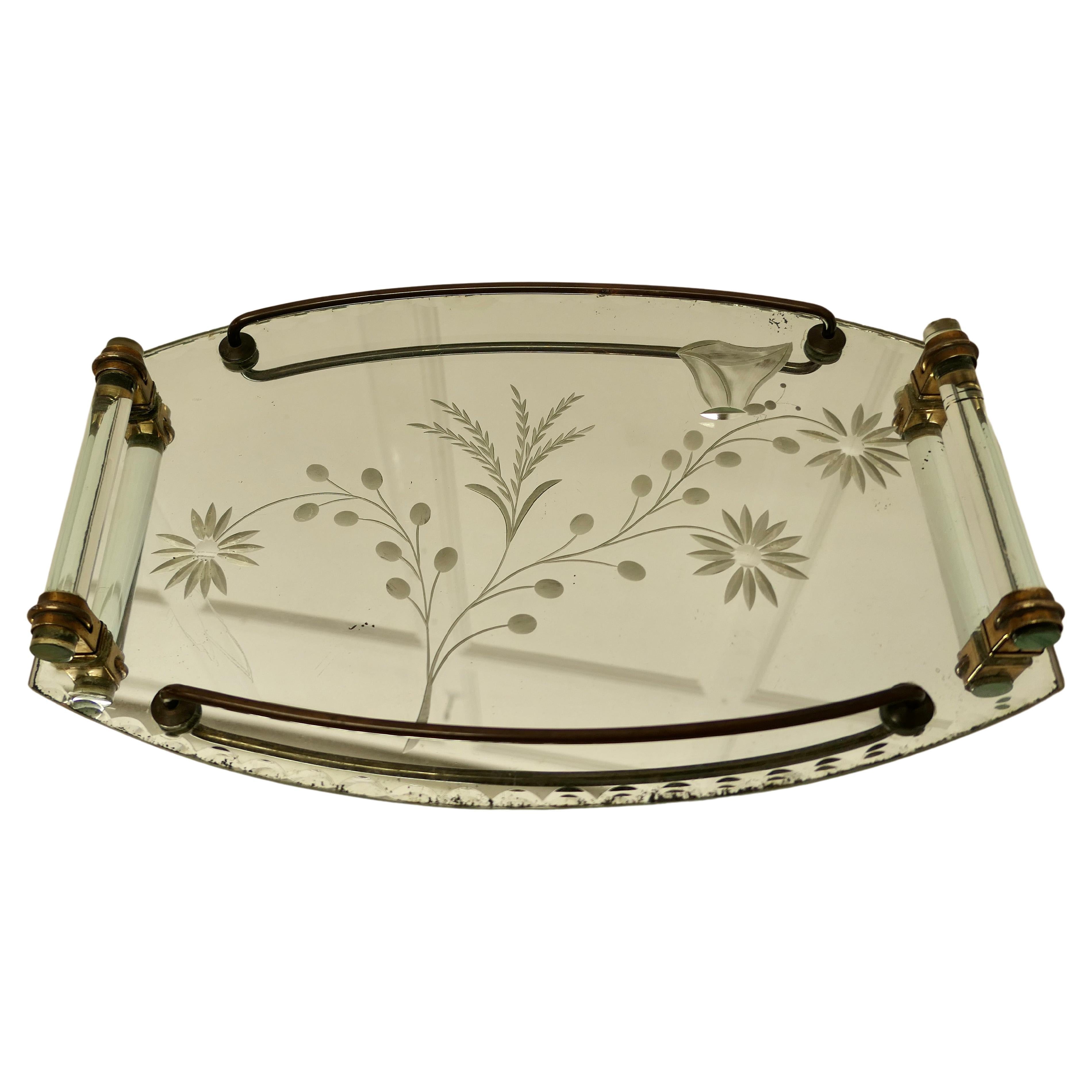 Etched Art Deco Mirror Tray a Lovely Stylish Piece For Sale