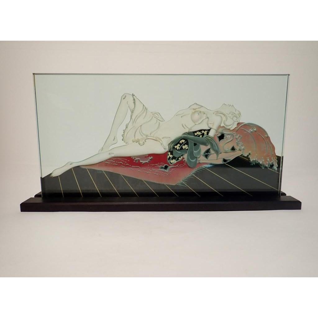 Reverse relief Etched and painted mounted art glass panel depicting a man and a woman playing chess. Signed 