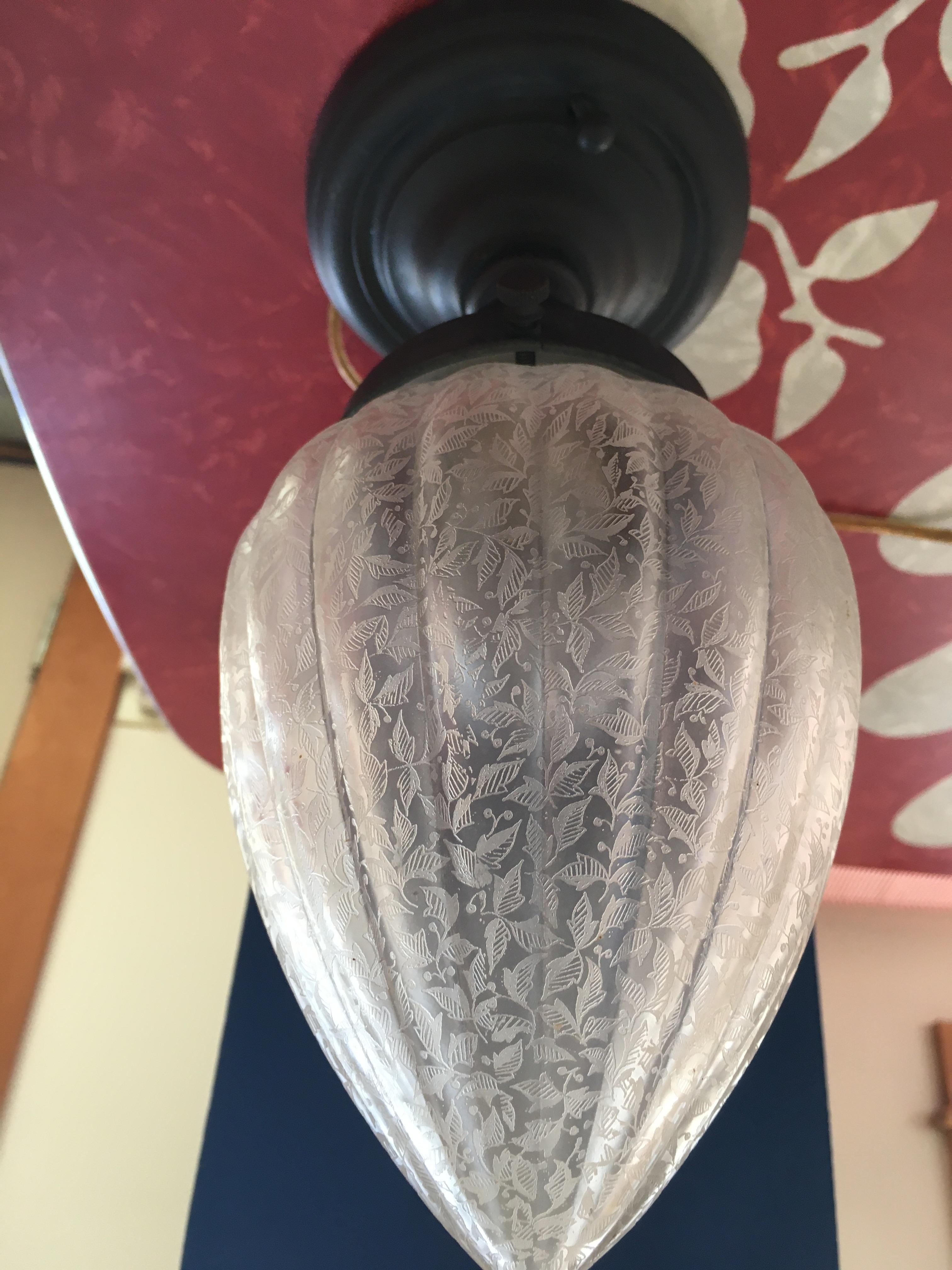 A lovely intricately etched, frosted art glass teardrop pendant light. Black iron base. Takes a standard base light bulb. Perfect is a small entry space, powder room or closet. Circa 1950's.