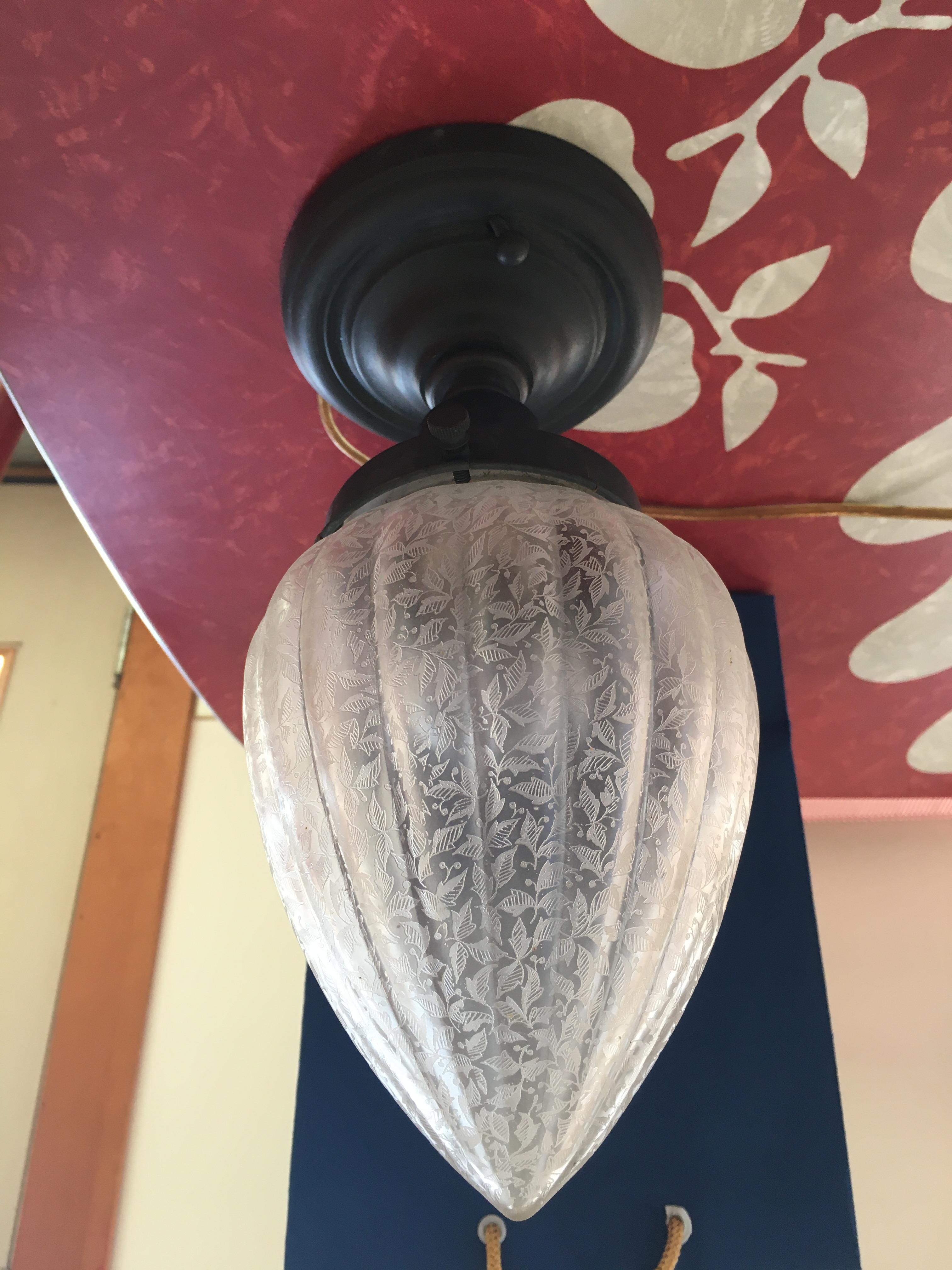 Etched Art Glass Teardrop Pendant Light, circa 1950 In Good Condition In Nantucket, MA