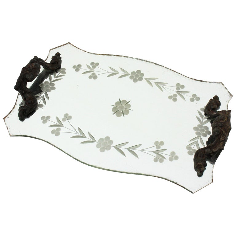 Etched Beveled Mirrored Tray with Floral Details and Handles For Sale
