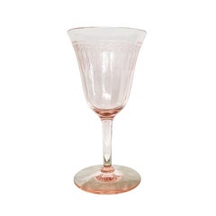 Etched Blush Pink Glass Stemware Set of 7 Wine Glasses, 1930s Art Nouveau