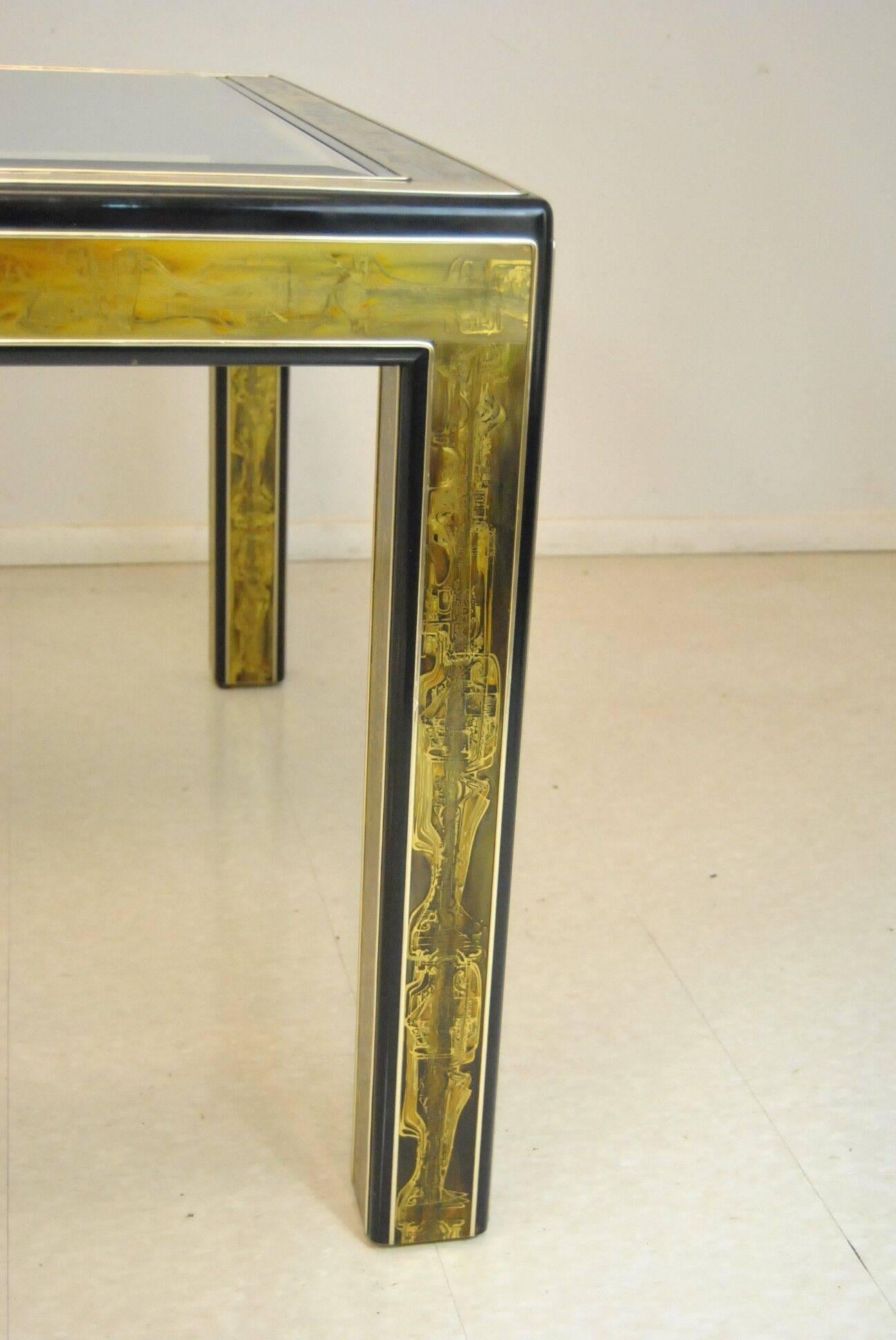 American Etched Brass and Glass Top Dining Room Table by Bernard Rohne for Mastercraft