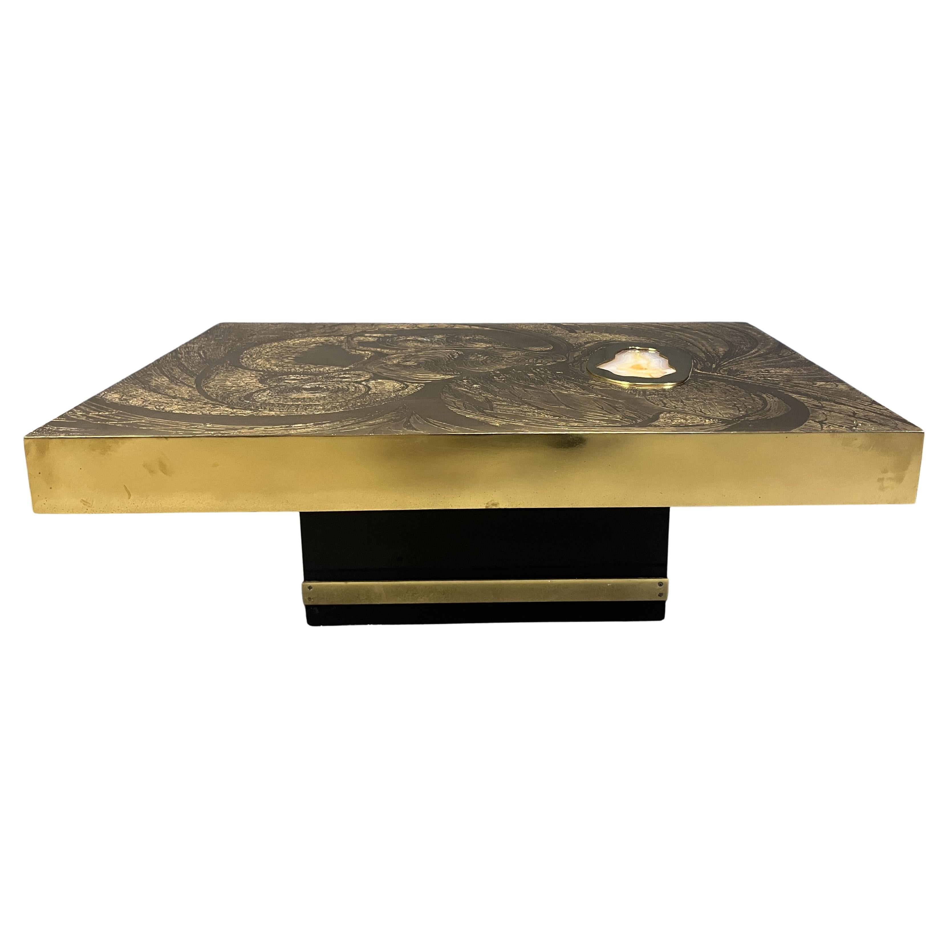 Etched Brass and Inlaid Agate Coffee Table by Felix De Boussy, Belgium