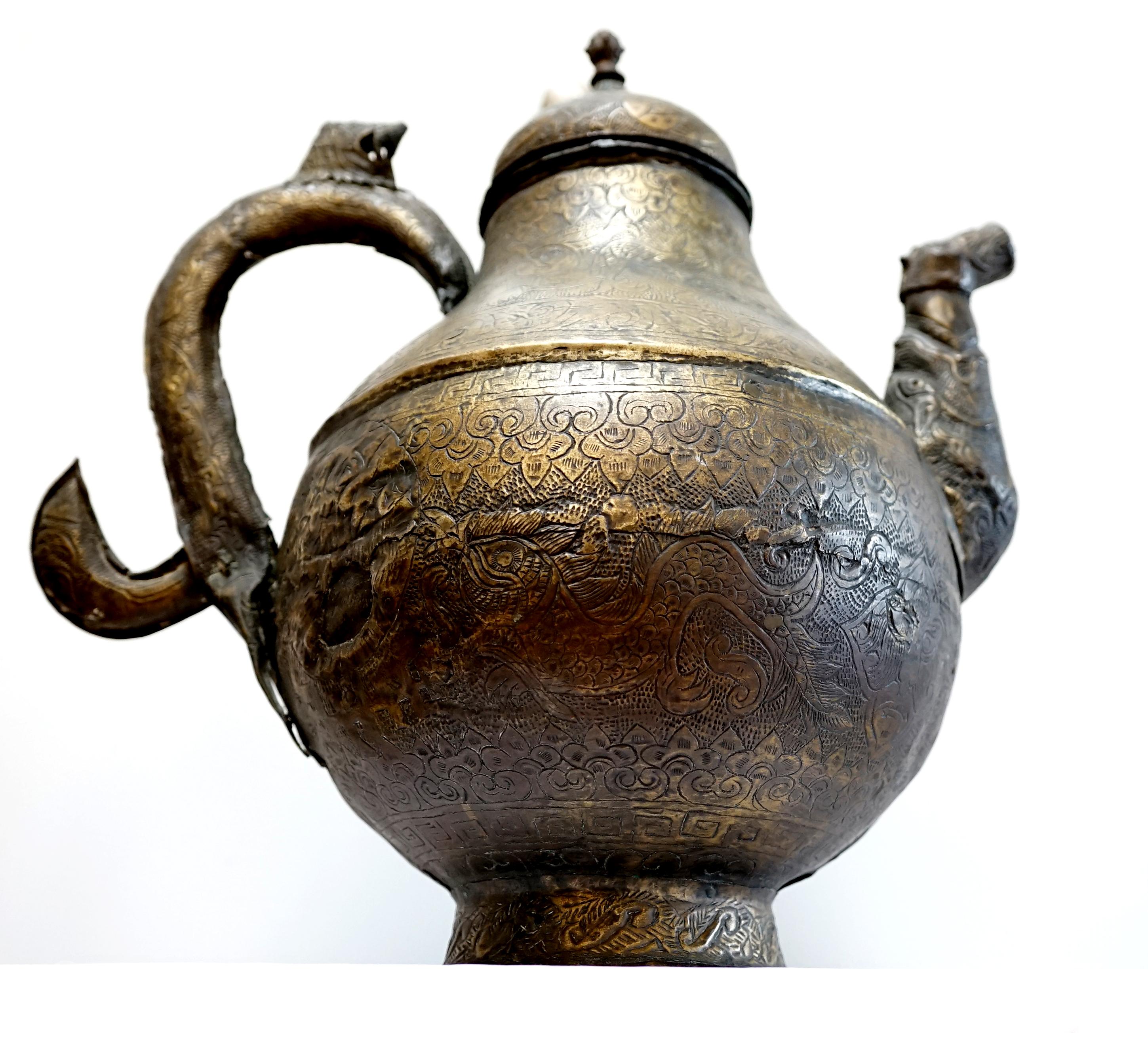 Etched Brass and Iron Antique Chinese Ritual Tea Kettle For Sale at 1stDibs