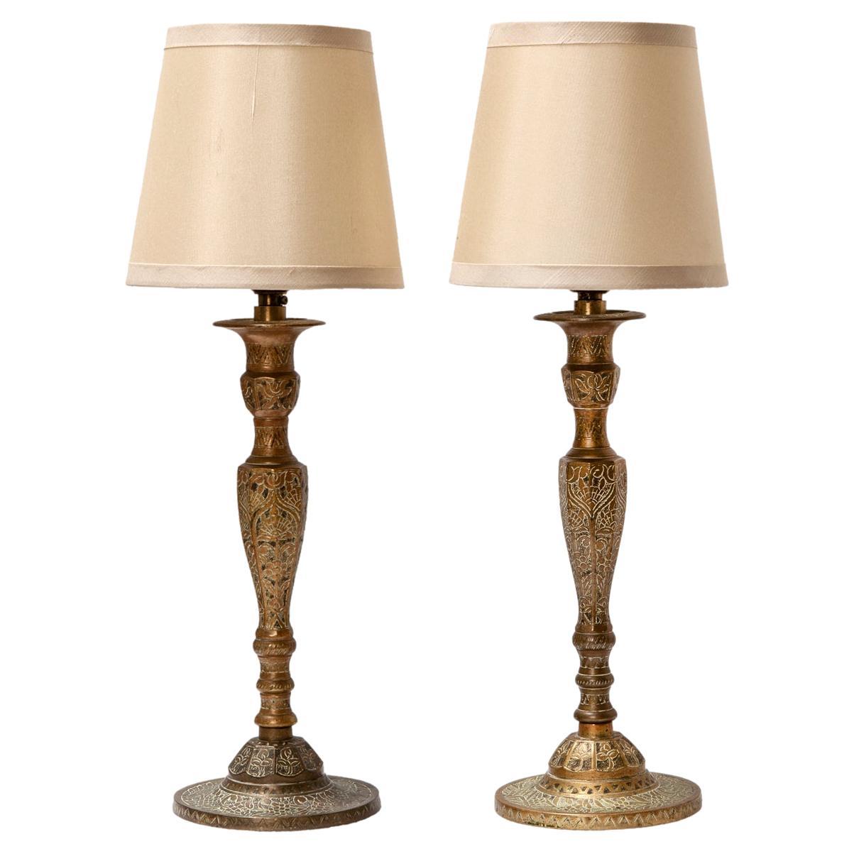 Pair French Brass Candlestick Lamps at 1stDibs
