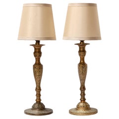 Etched Brass Candlestick Lamps, a Pair