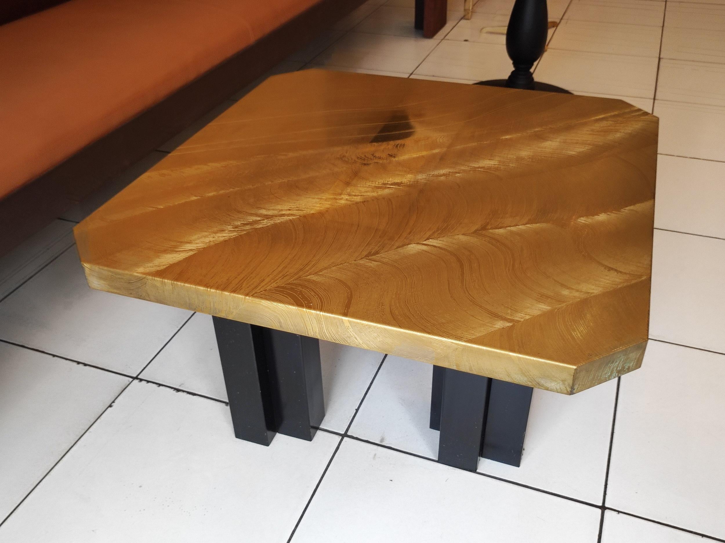 Coffee Table by Christian Krekels, signed, circa 1975, etched brass top and 3 painted black steel feet.