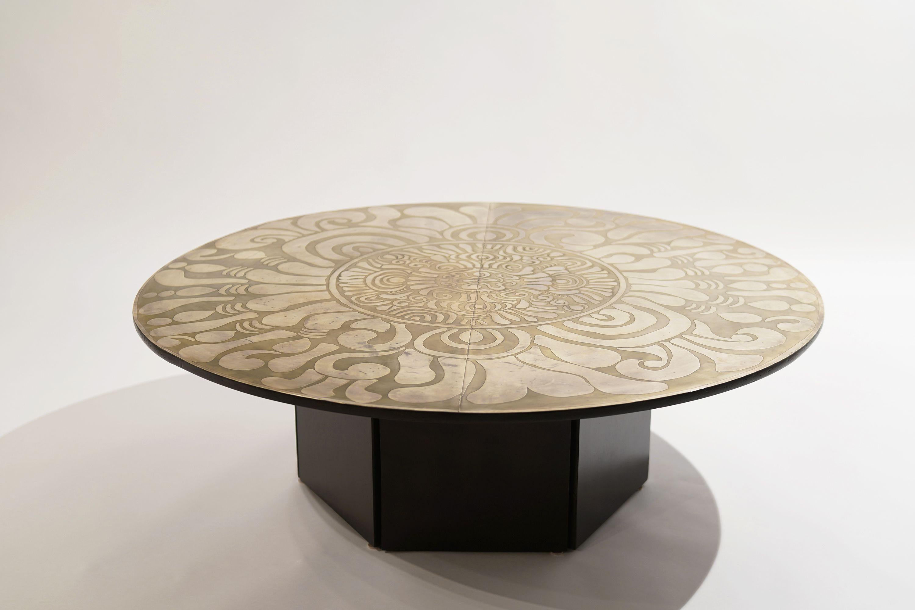 Perhaps one of a kind etched brass coffee table signed Enviane M. Barbara Parker, May 25th, 1965.

The brass top retains a beautiful patina and does show some wear (light scratches). This piece exuberates 