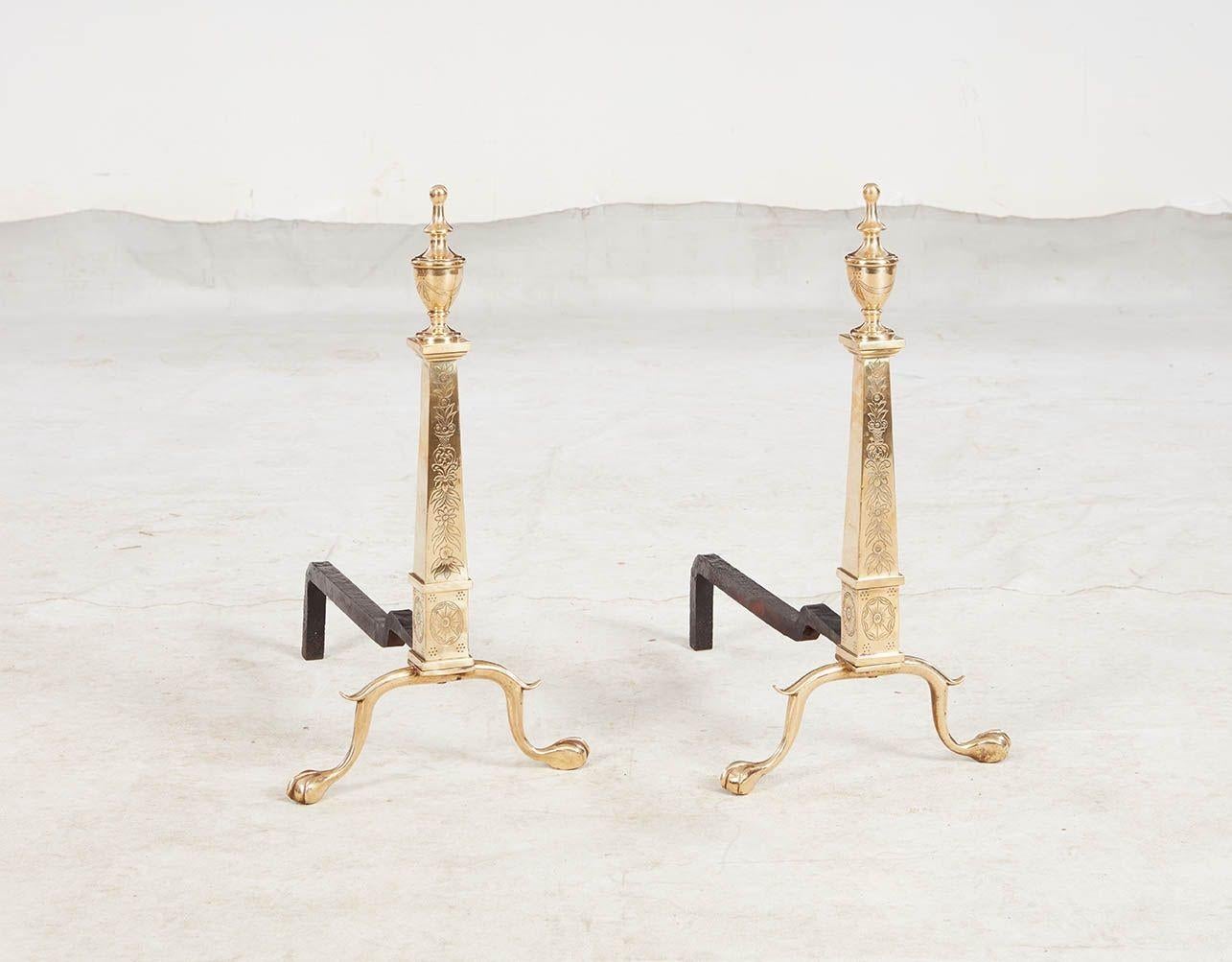 Etched Brass Federal Andirons For Sale 5