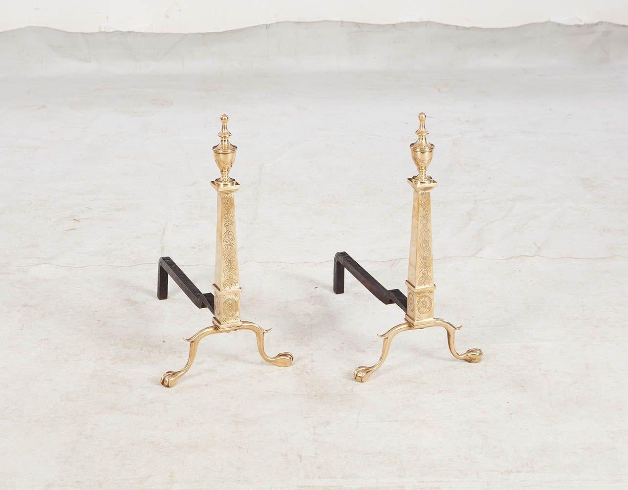 Etched Brass Federal Andirons For Sale 6