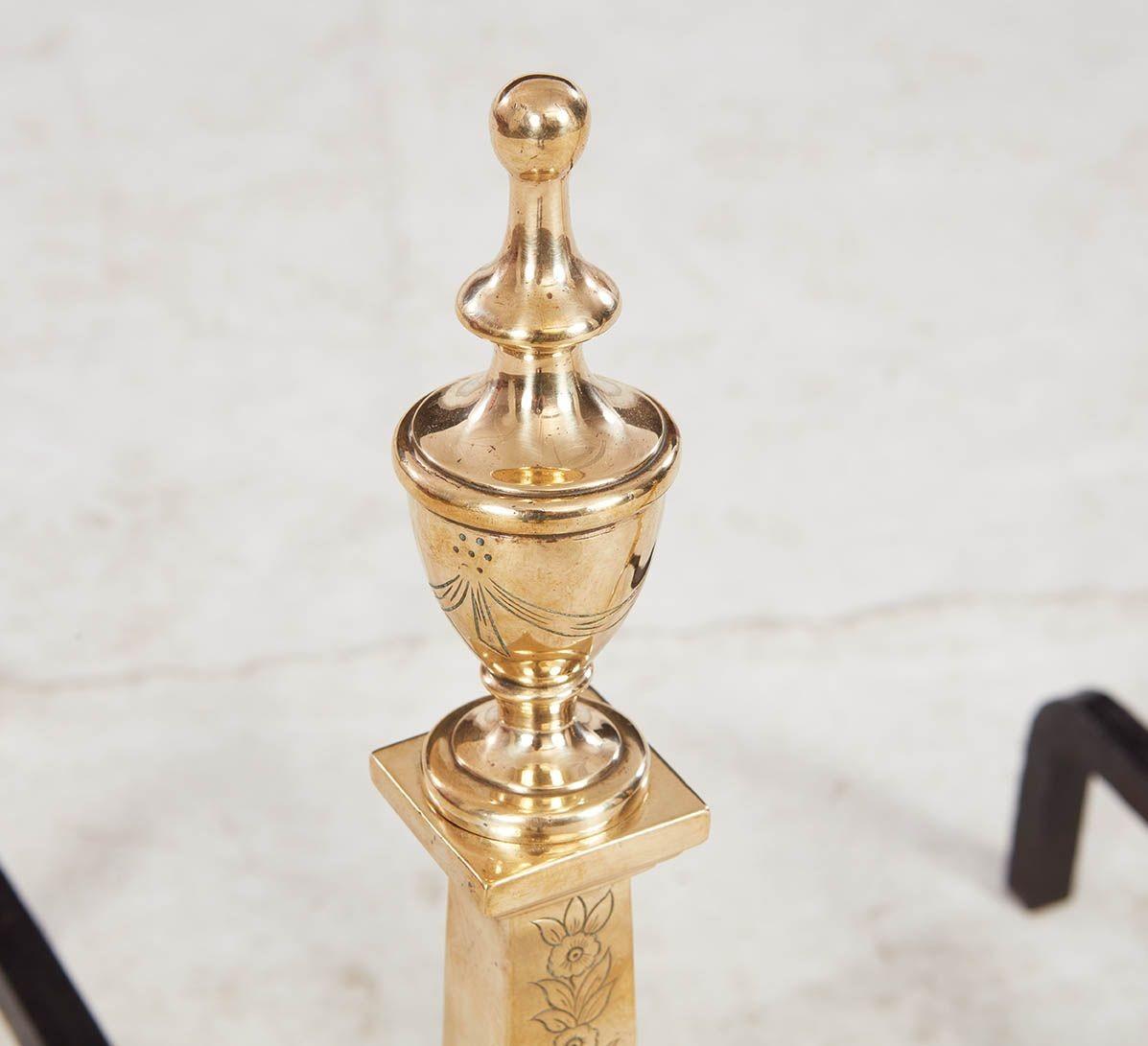 American Etched Brass Federal Andirons For Sale