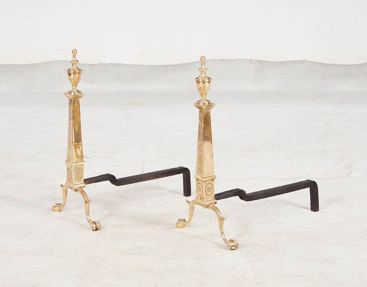 Late 19th Century Etched Brass Federal Andirons For Sale