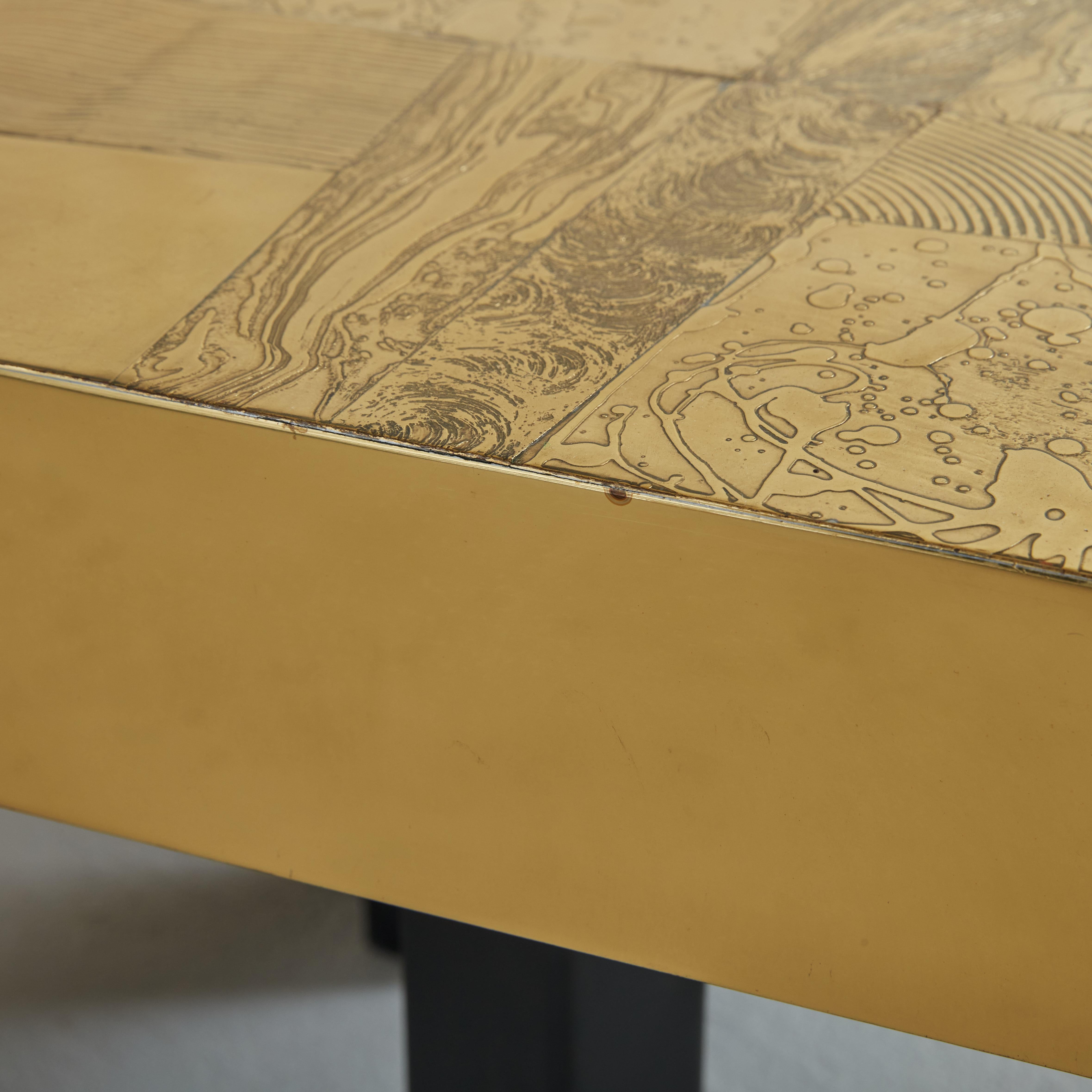 Mid-Century Modern Etched Brass + Inlaid Agate ‘Horizon’ Coffee Table by Felix De Boussy, Belgium  For Sale