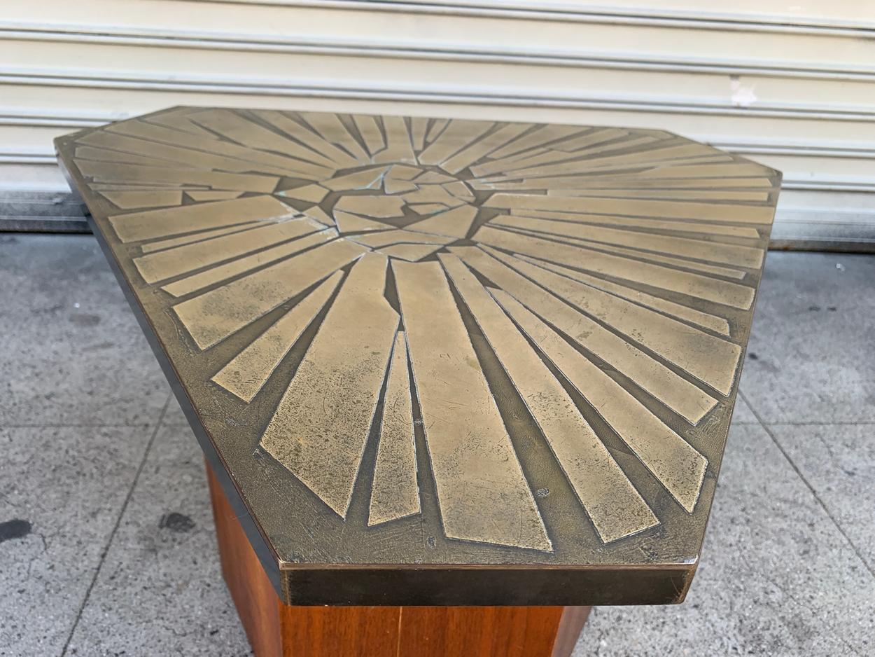 Very unique table designed by G. Urso, (Italy, 1950s). The triangular top is mounted to hexagonal, walnut base. The top has been cleaned and polished, but slight wear remains (spots, indentations, and light scratches). Overall, in good, vintage