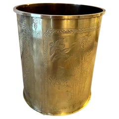 Vintage Engraved Brass Wastebasket with Chinoiserie Motif